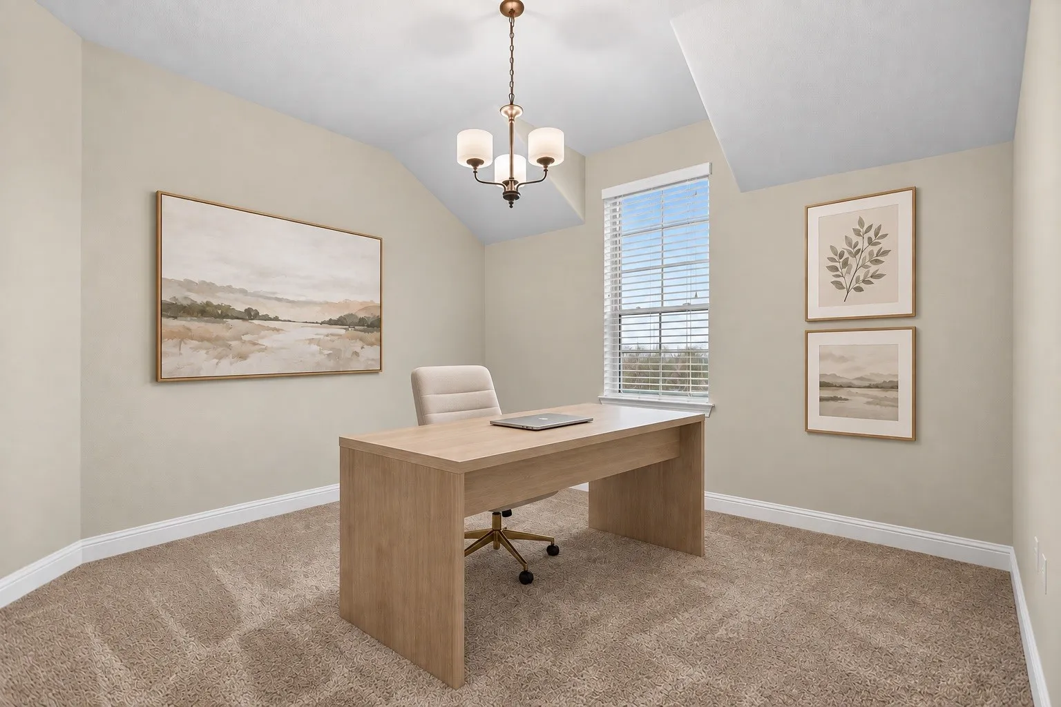 Vaulted ceiling with an attached chandelier, neutral wall paint, carpet flooring, and a window with blinds