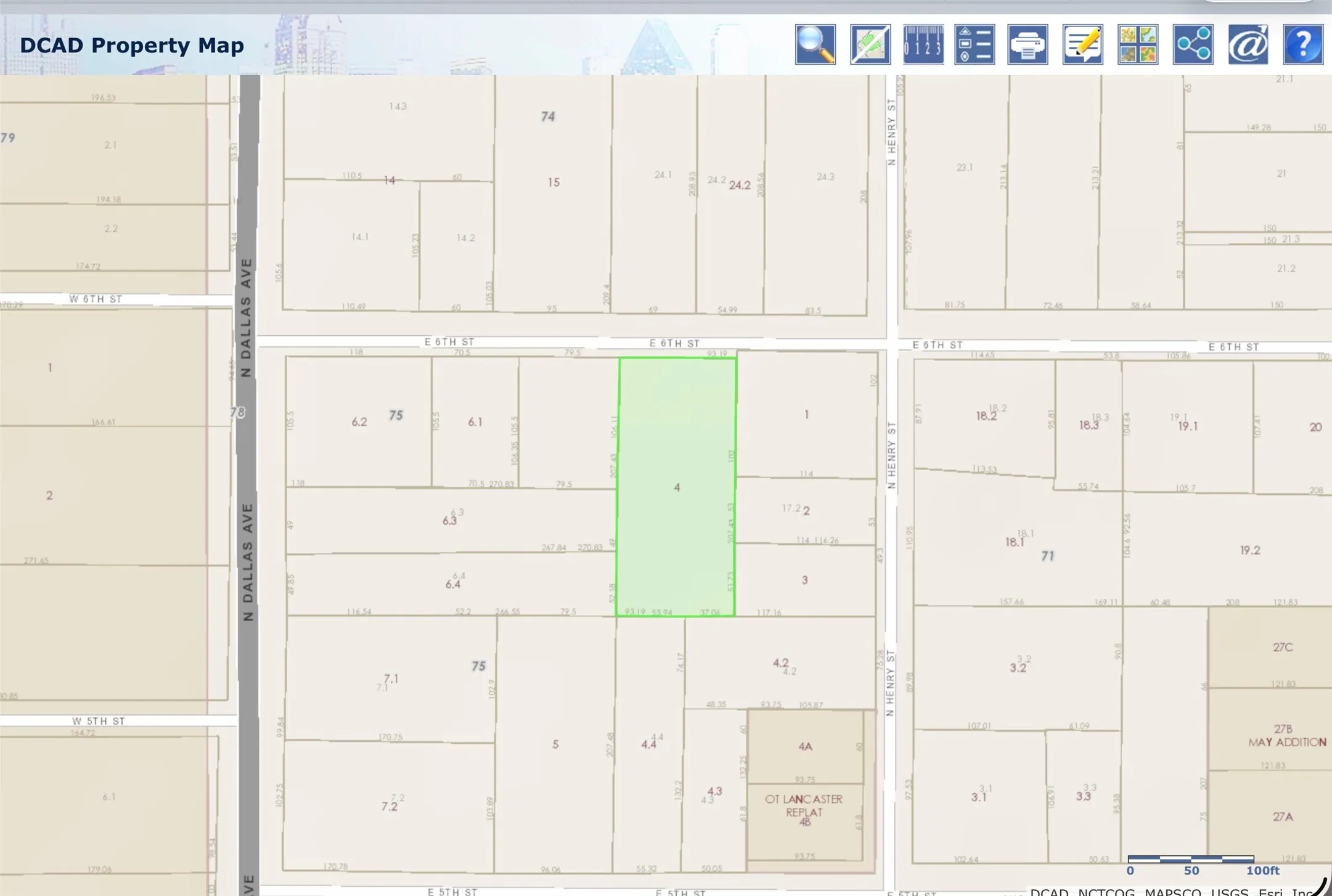DCAD Property Map. Displaying a cadastral map with various property parcels, one of which is highlighted