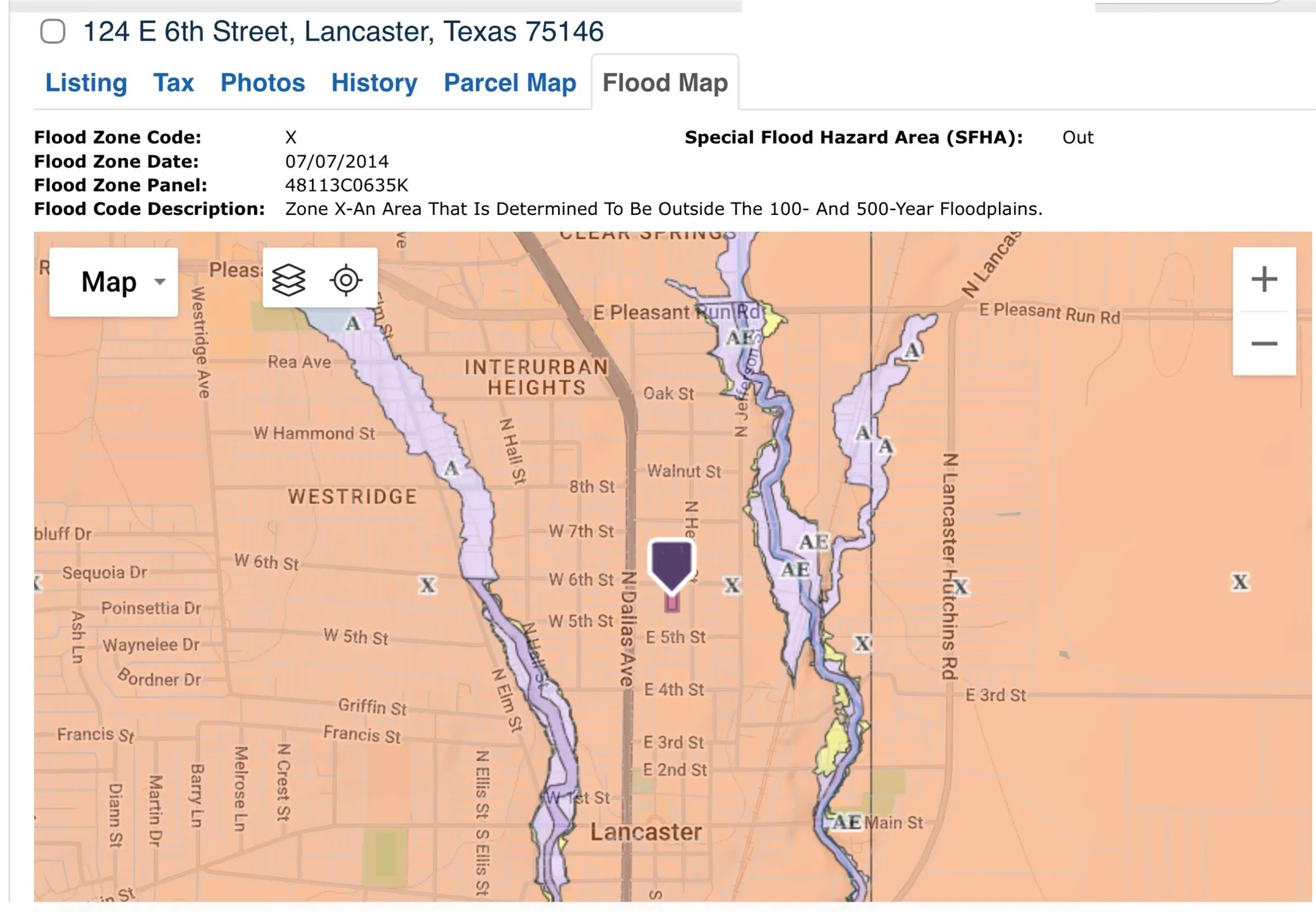 Flood Map. Displaying Not in a flood zone classification for the property, indicating it is outside the 100- and 500-year floodplains