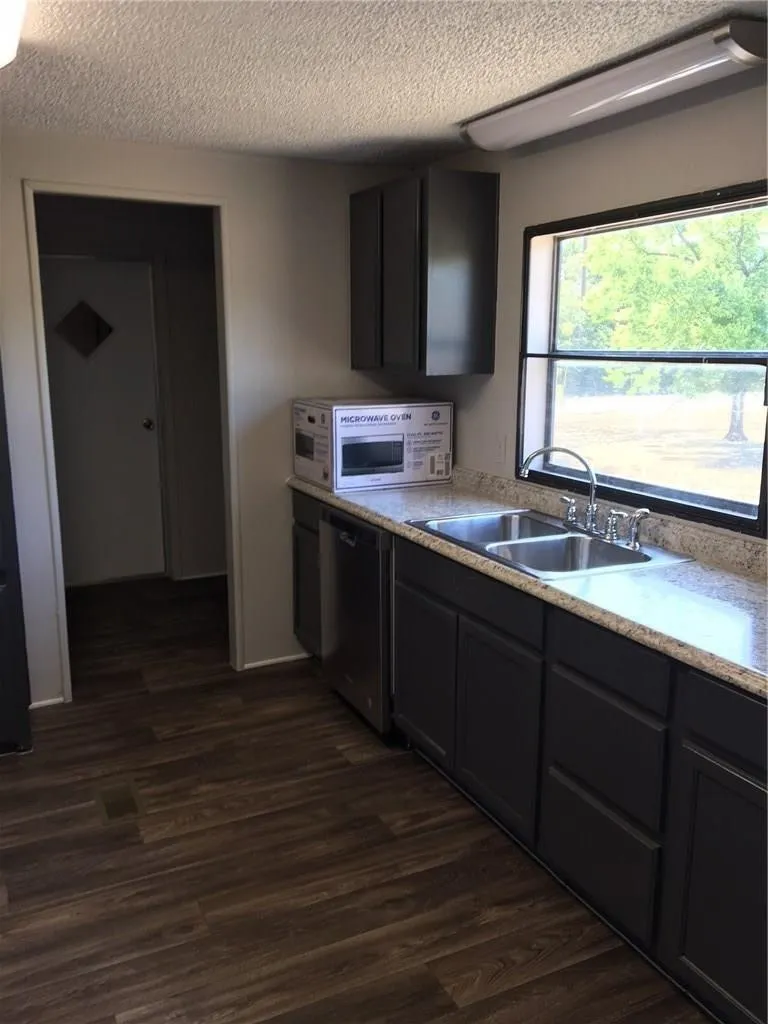 Kitchen featuring wood-finish flooring, dark cabinetry, light-toned countertops, and a double basin stainless steel sink