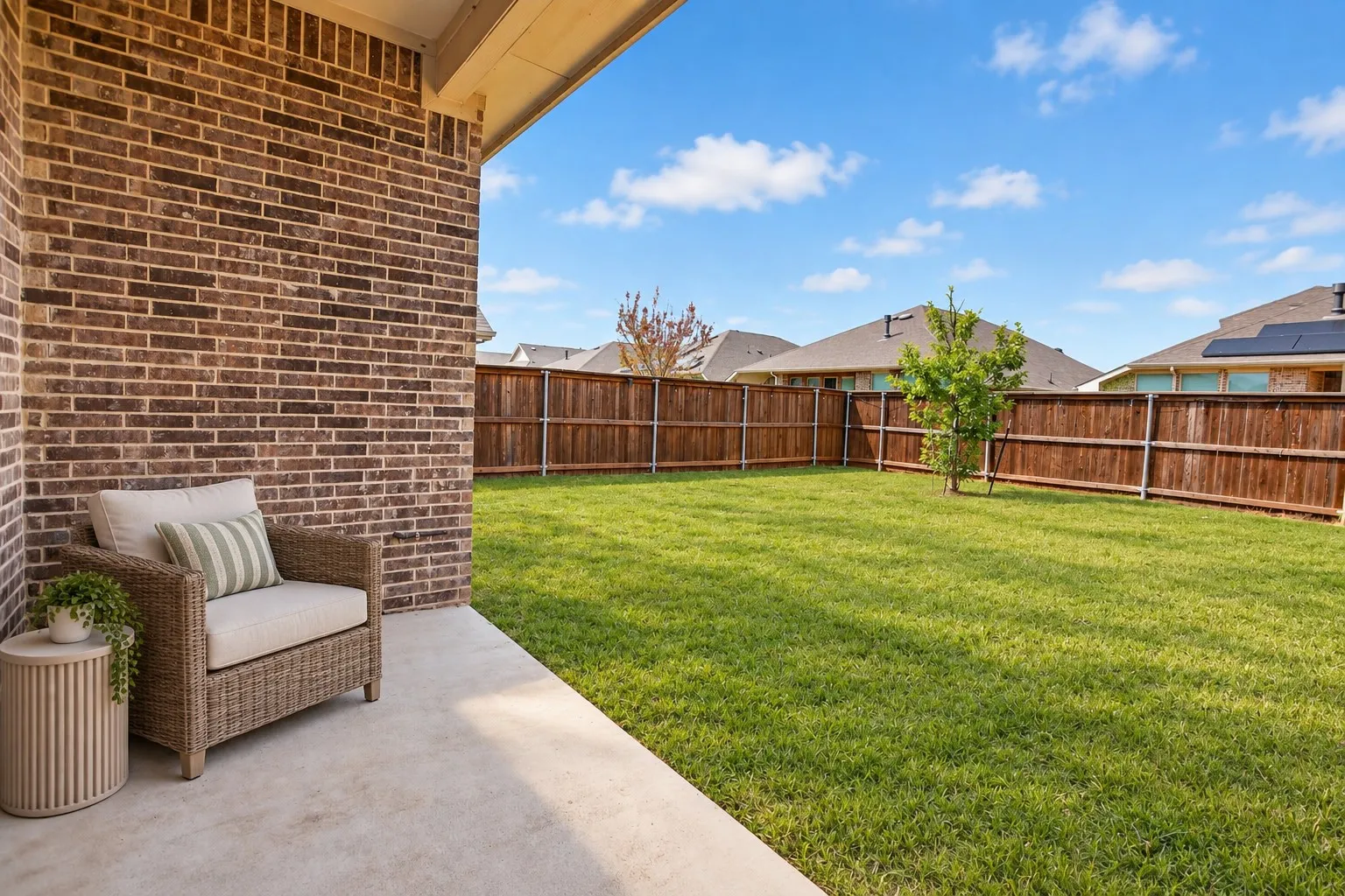 Covered patio with brick exterior, concrete slab, private fencing, and a grassy yard