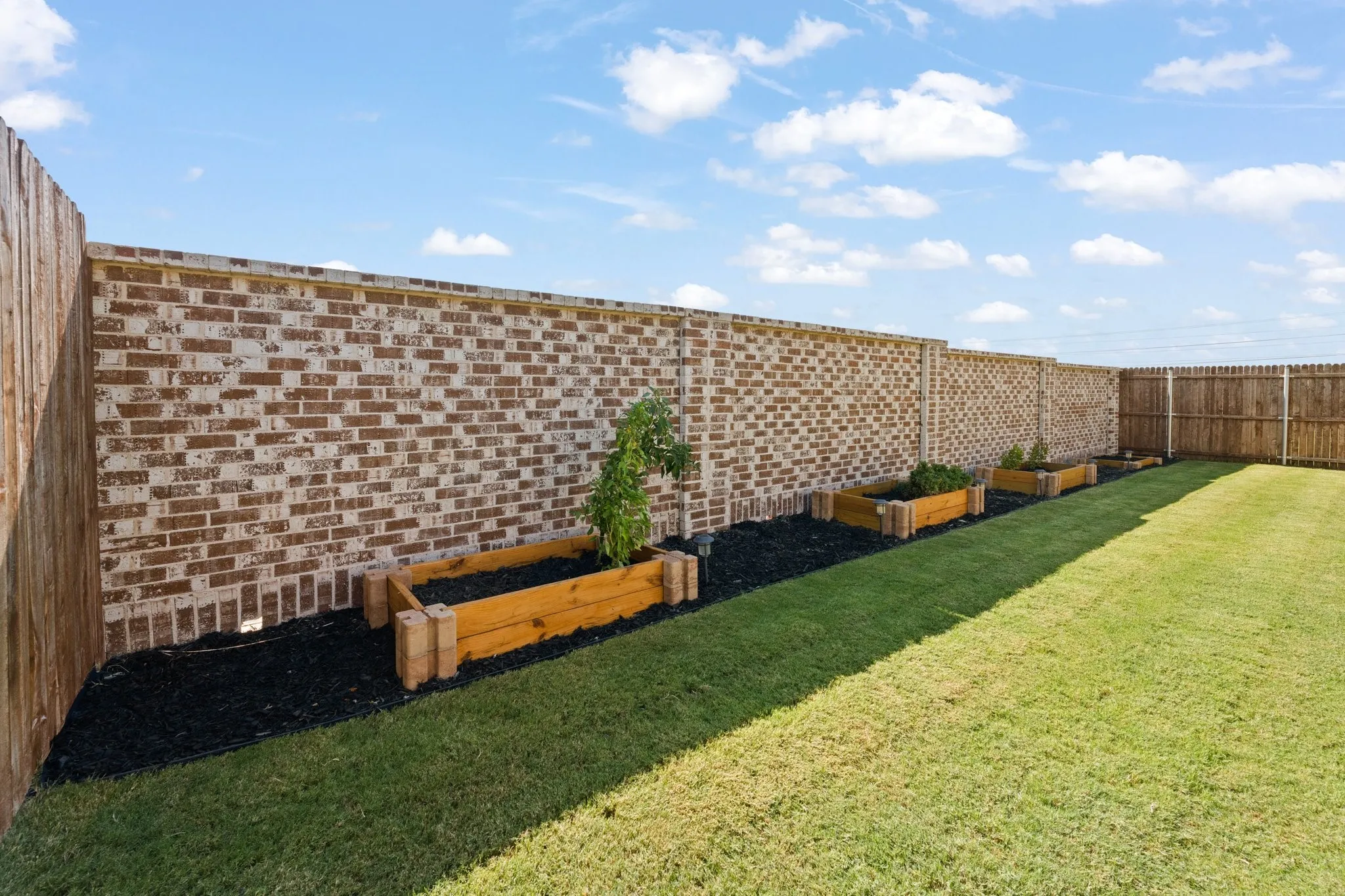 Expansive green lawn with a wood plank fence, brick wall, and multiple raised garden beds