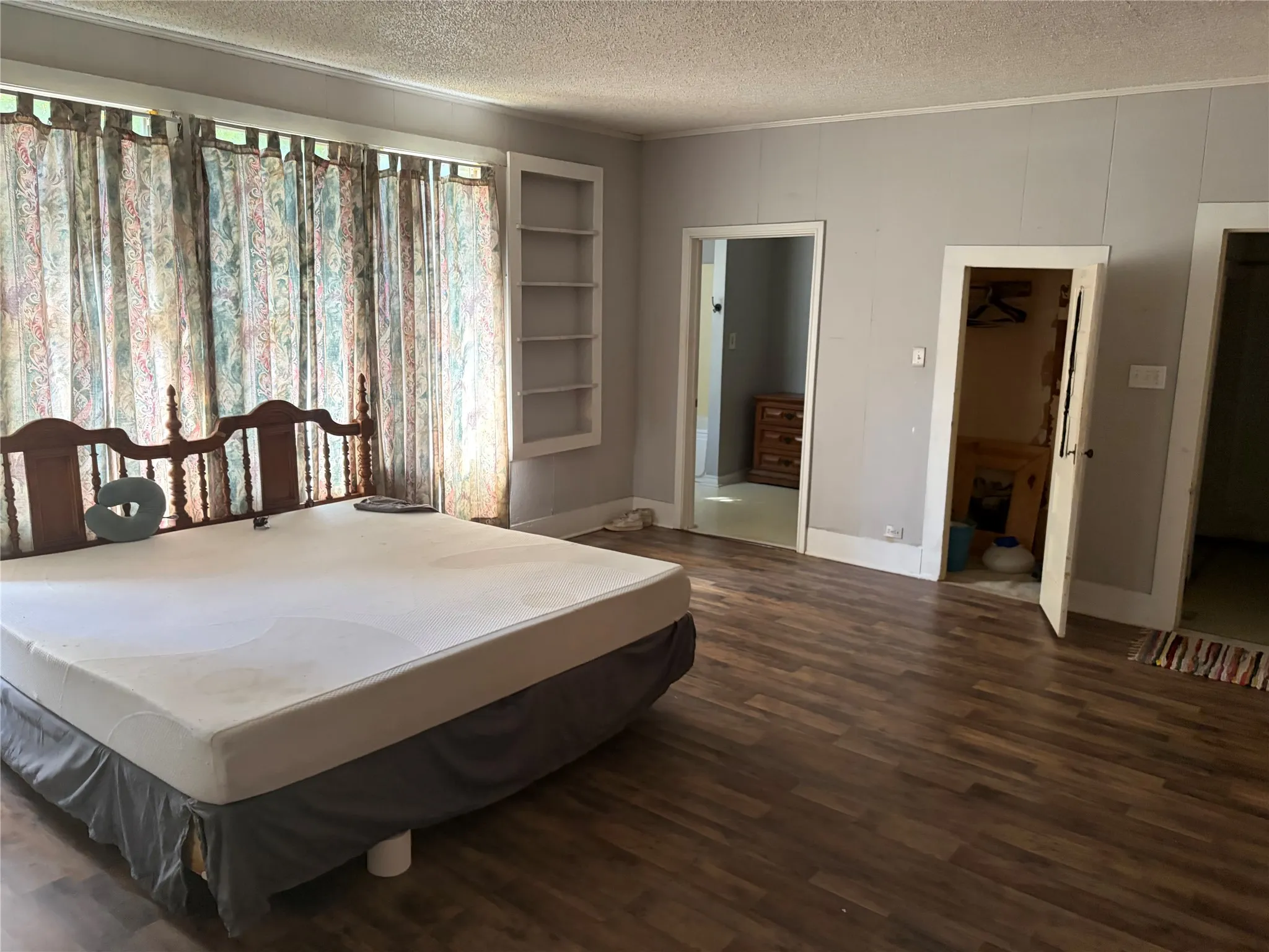 Wood-finish flooring throughout, built-in shelving, and multiple doorways