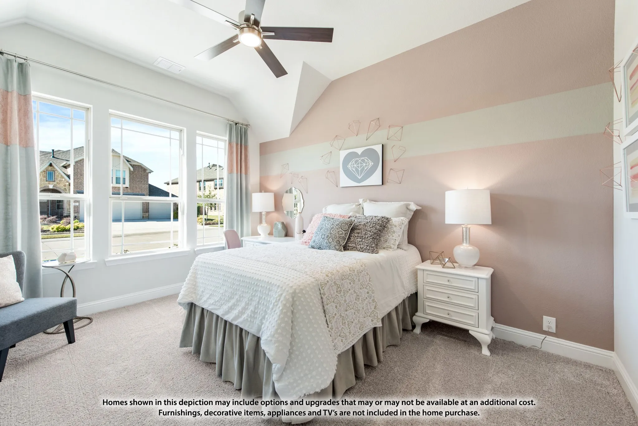 Triple window unit with classic grilles, neutral carpeting, and a ceiling fan with integrated lighting