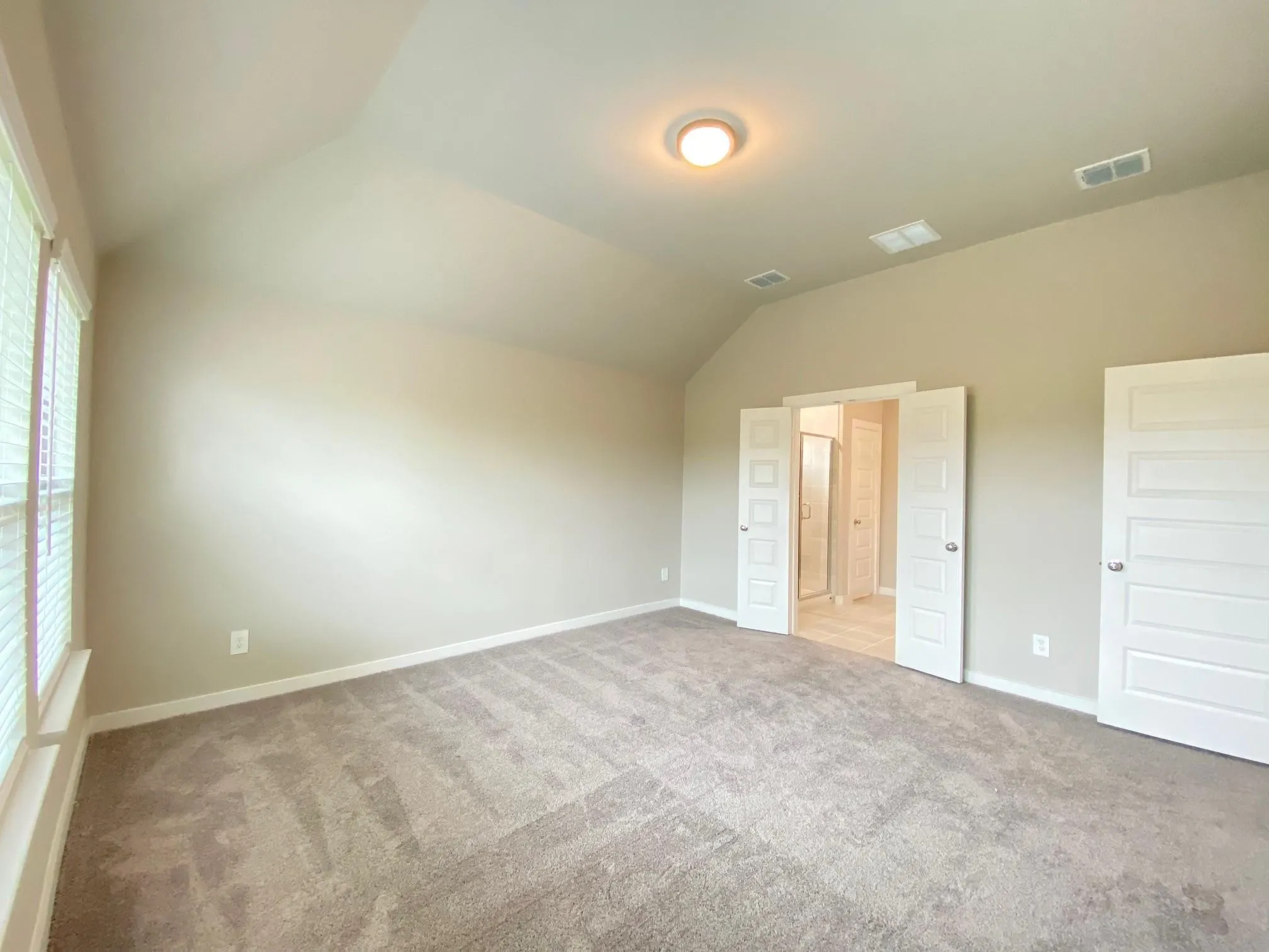 Vaulted ceiling with an overhead light fixture, light gray carpet flooring, white trim windows, and two panel doors