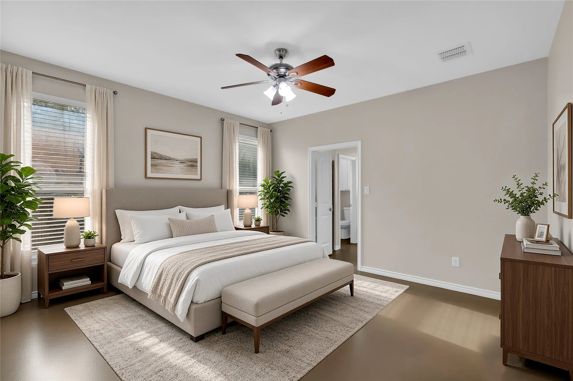 Hard-surface flooring, neutral wall tones, large windows with blinds, recessed lighting, and a ceiling fan