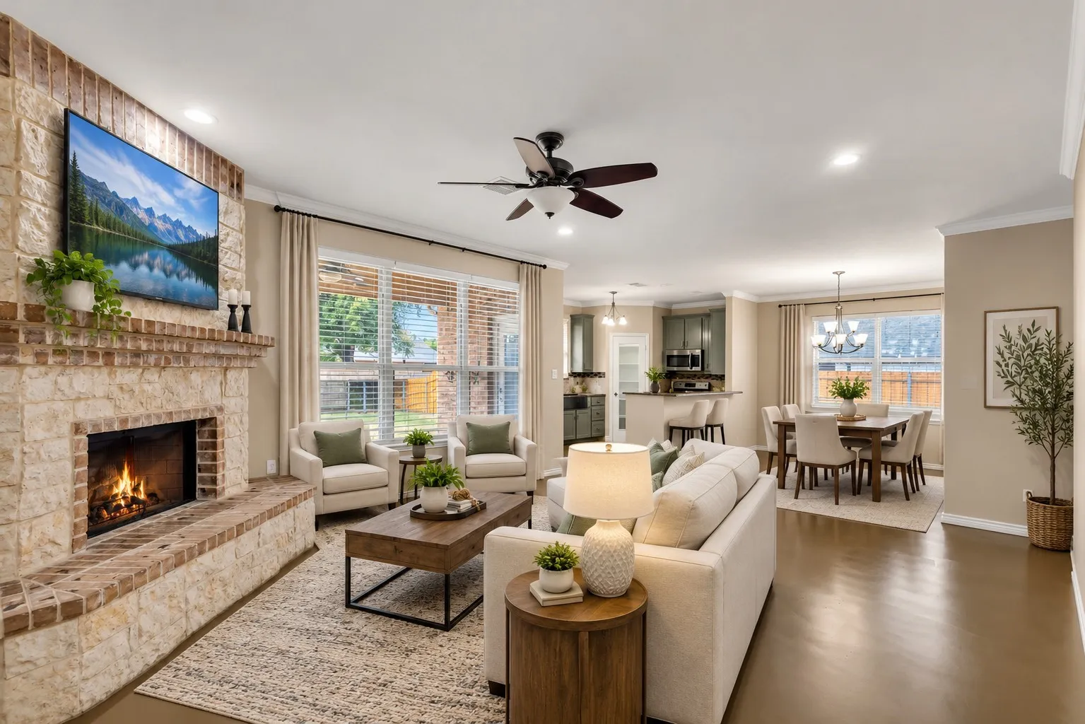 Spacious living area featuring a stone and brick fireplace