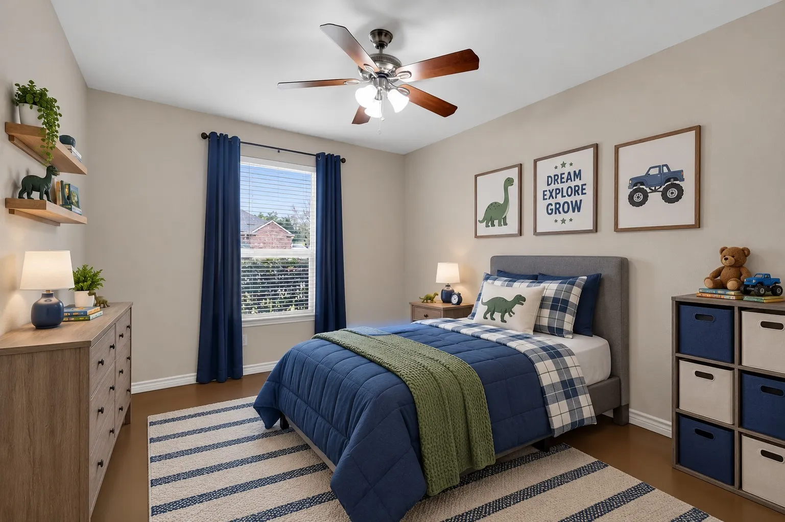 Wood-finish flooring with a ceiling fan overhead