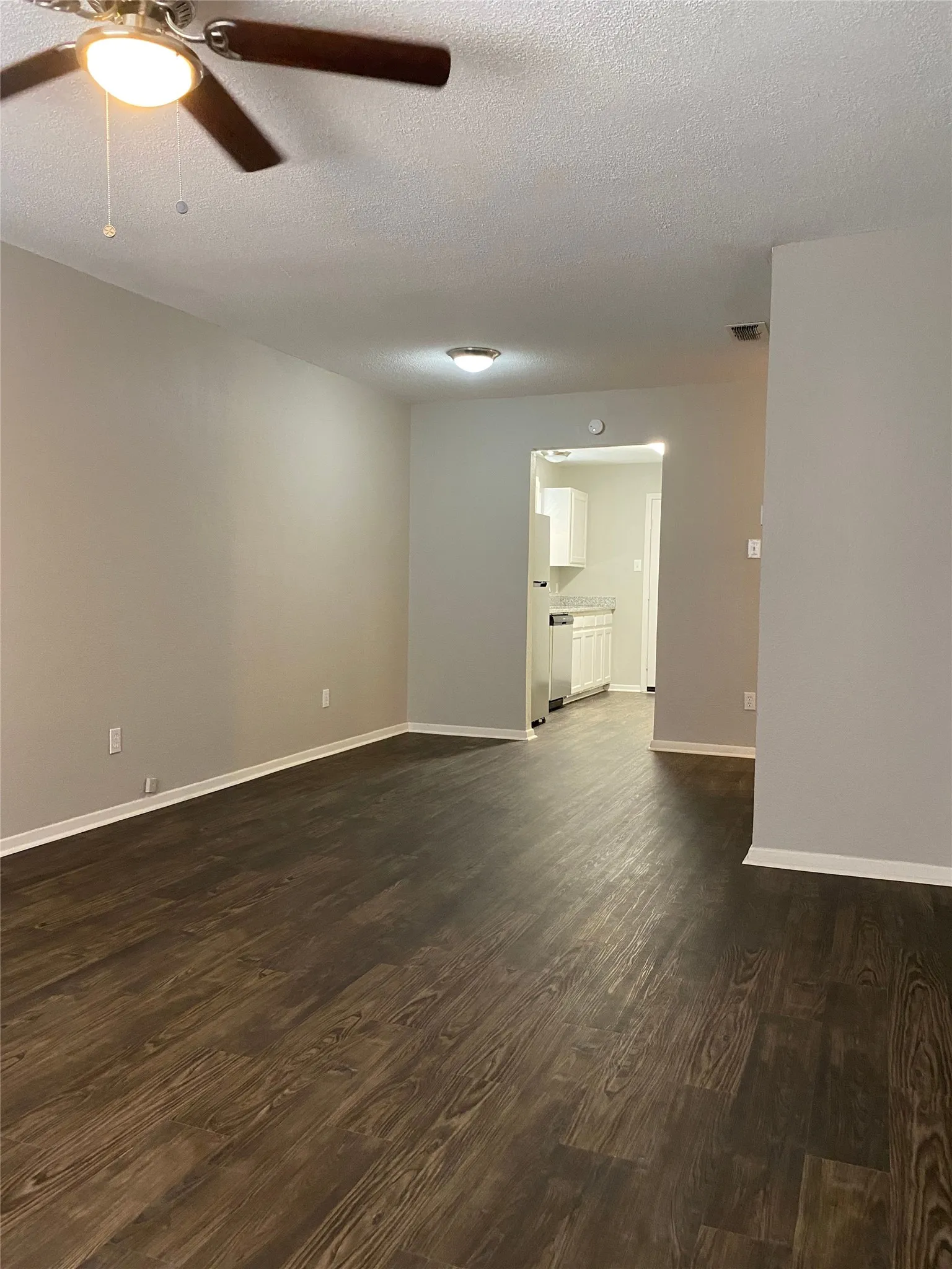 Wood-finish flooring throughout, neutral painted walls, ceiling fan with integrated lighting, and recessed overhead lighting