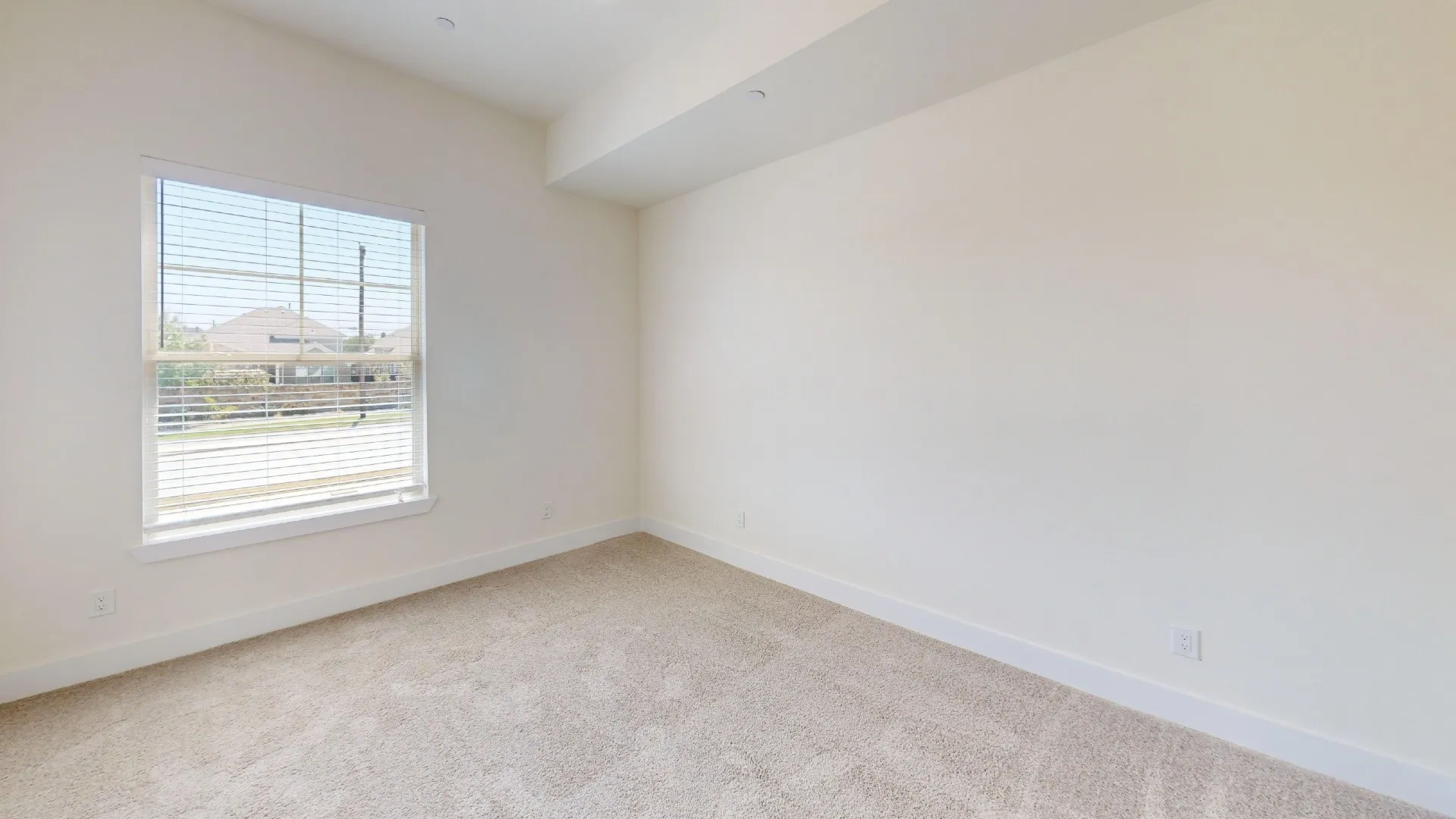 Wall-to-wall carpeting, neutral wall finishes, large window, and recessed ceiling