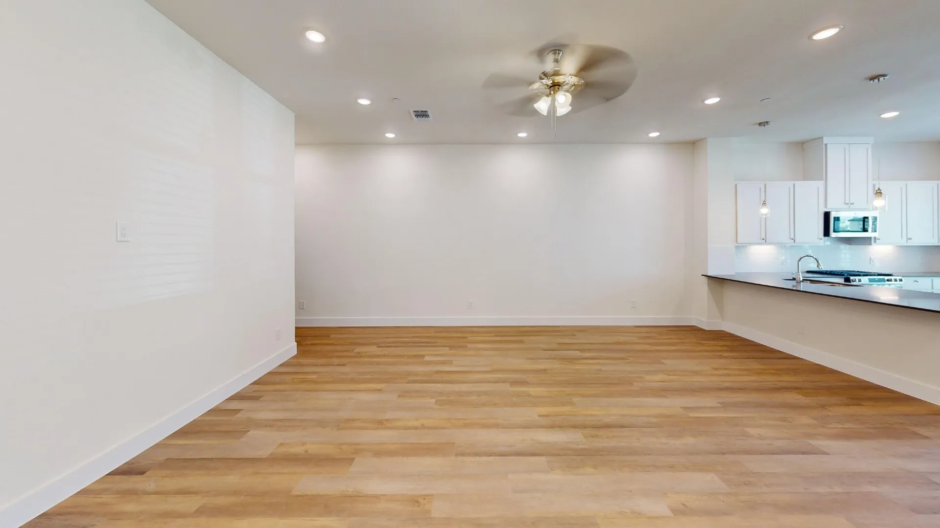 Wood-finish flooring throughout, recessed ceiling lighting, and a ceiling fan