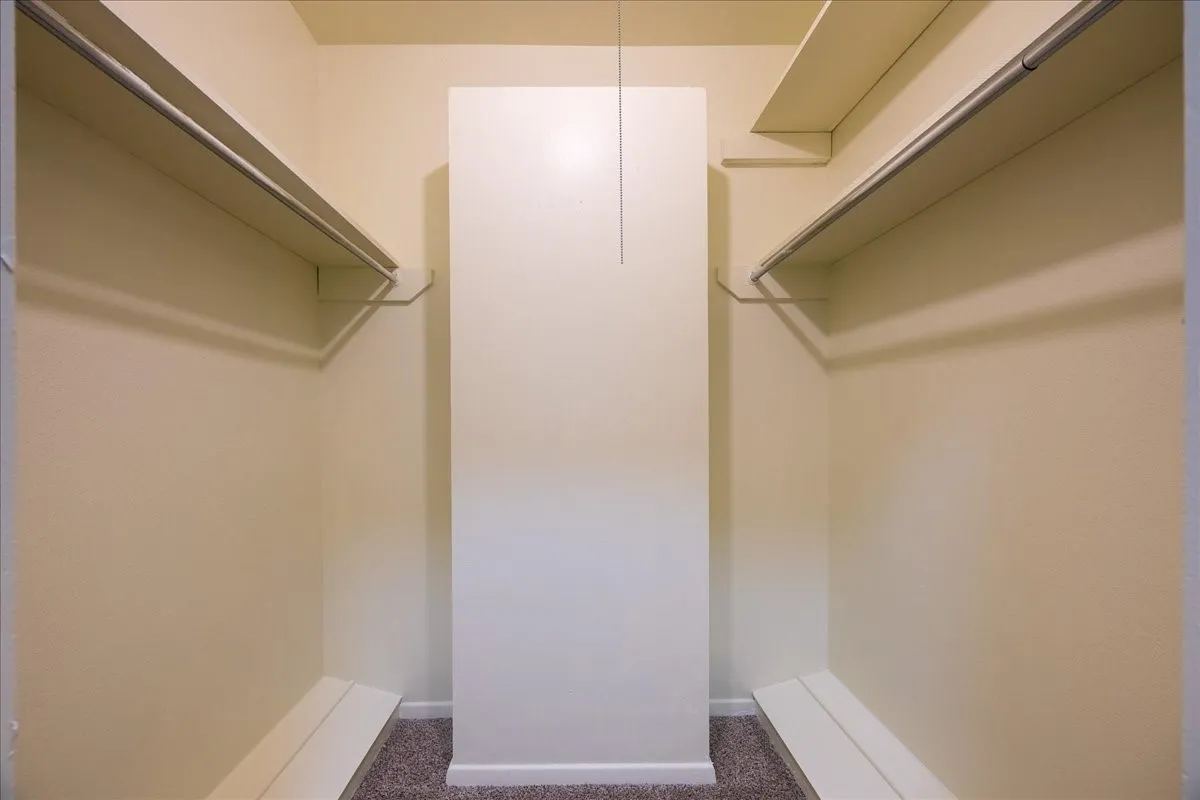 Spacious walk-in closet featuring built-in shelving, hanging rods, and neutral-toned carpeting