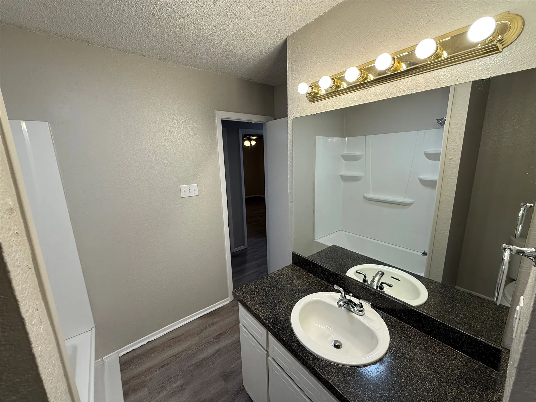Vanity with an oval sink and chrome faucet, dark-toned countertop, and a large mirror