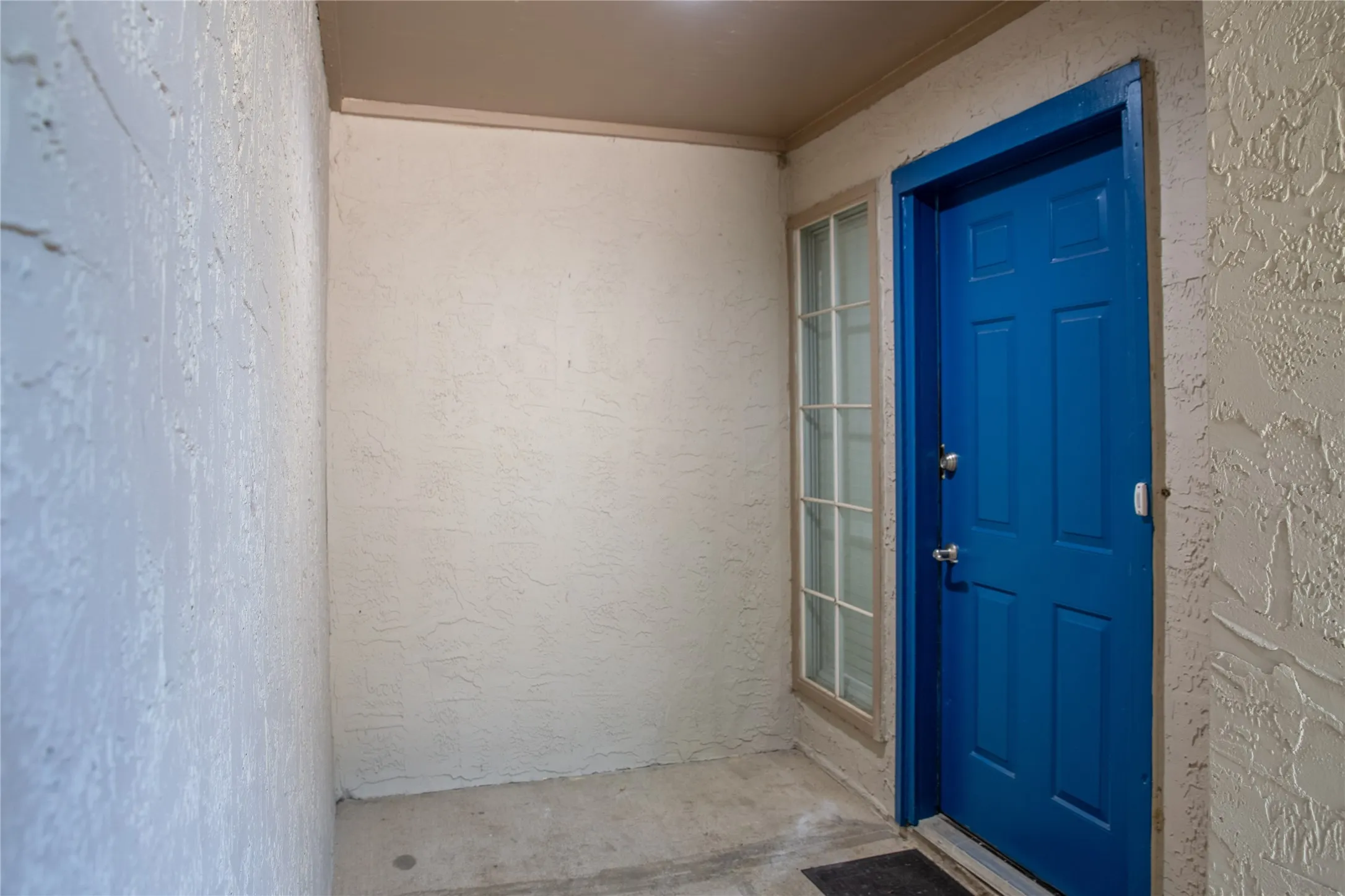 Entryway featuring a bright blue paneled door, vertical window with grid, and textured exterior walls