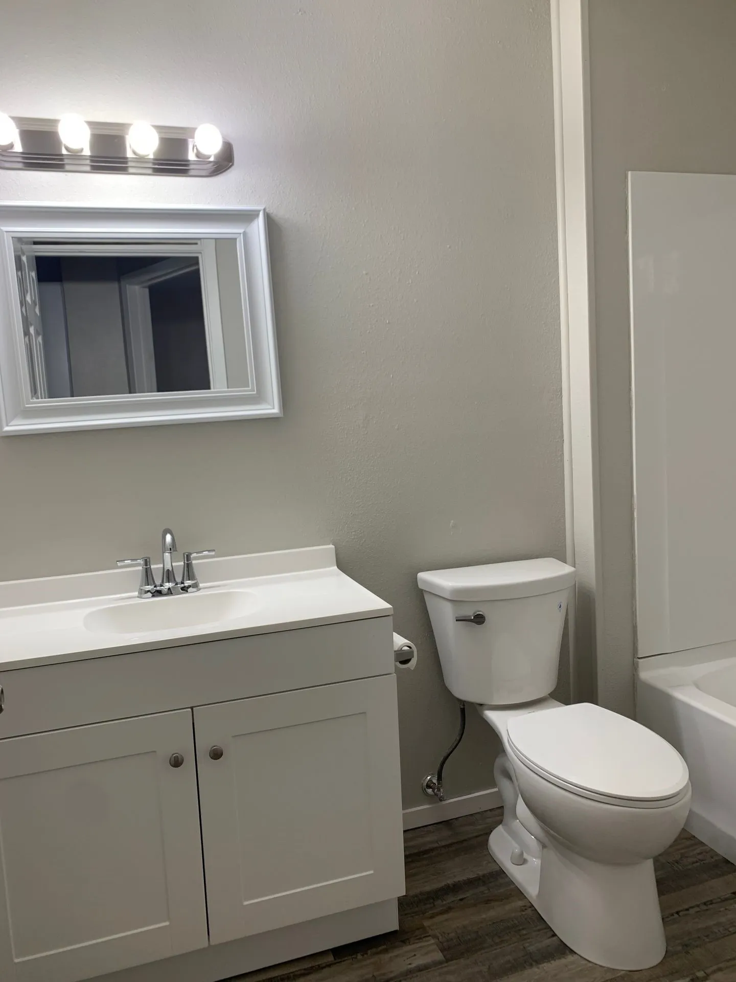White vanity with a single basin sink and chrome faucet, rectangular framed mirror, three-bulb vanity light, toilet, and wood-finish flooring