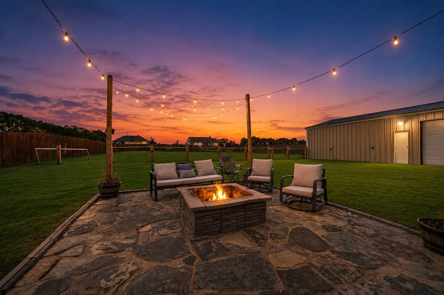 Expansive flagstone patio featuring a built-in fire pit