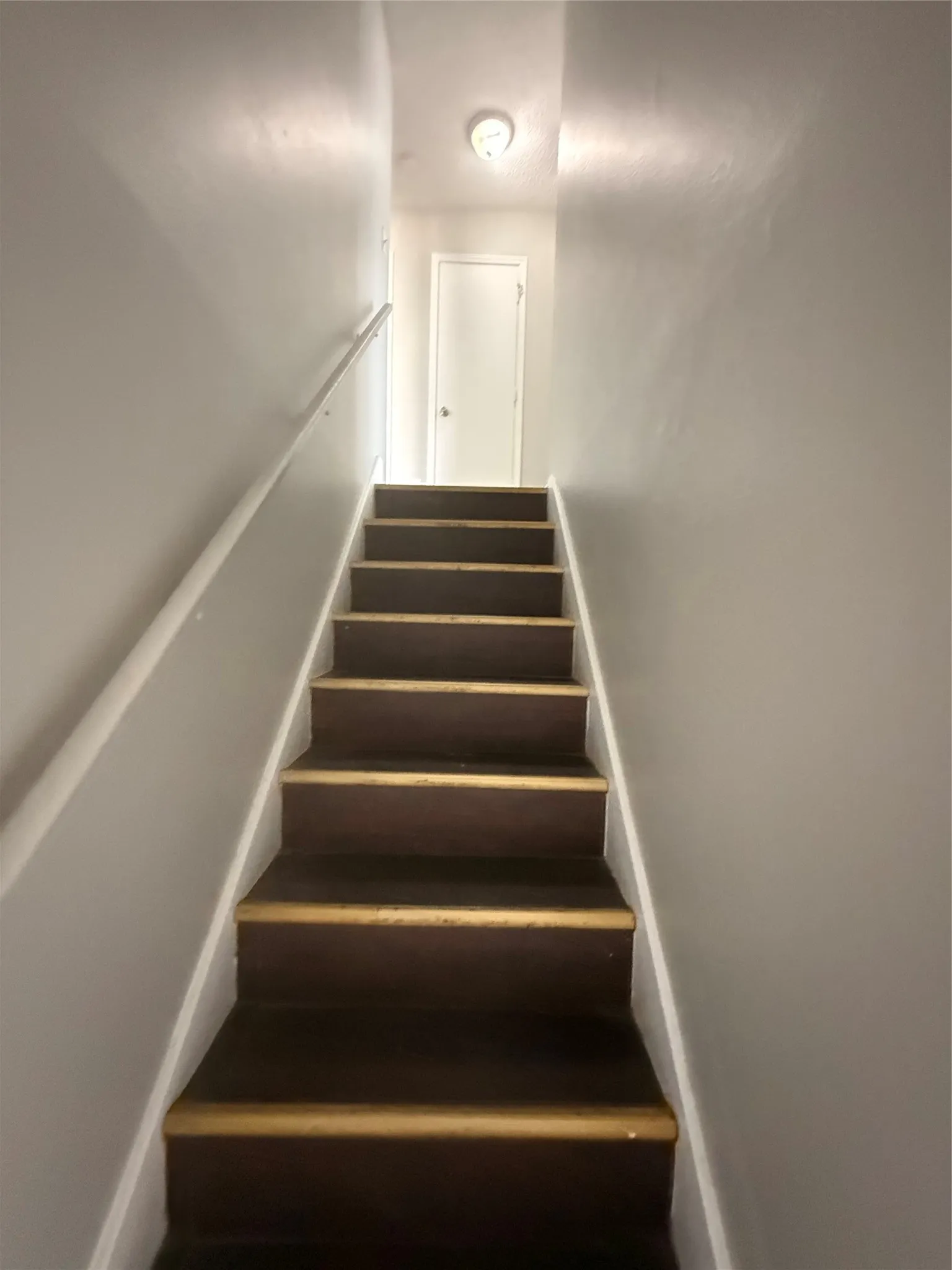 Stairway with carpeted treads, contrasting risers, and a wall-mounted handrail
