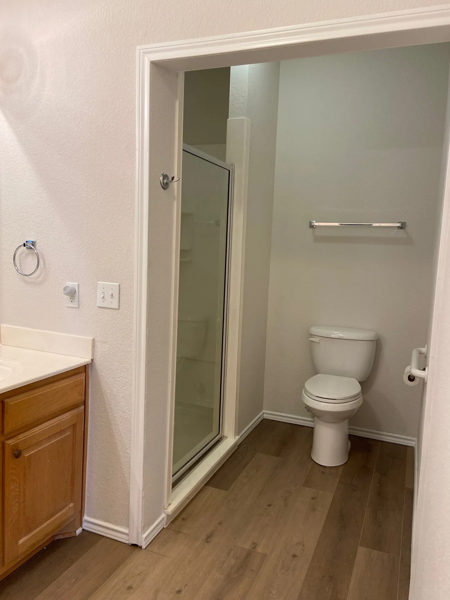Master bath walk in shower and toilet area.