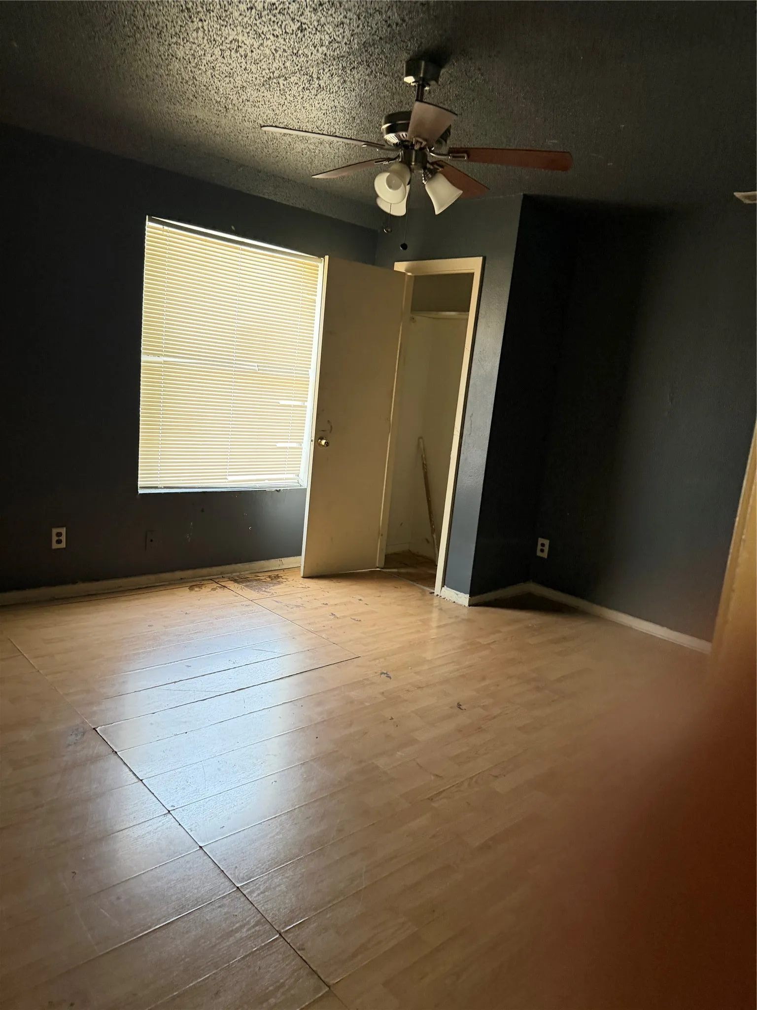 Wood-look flooring, window with blinds, ceiling fan with integrated lighting, and a closet with an open doorway