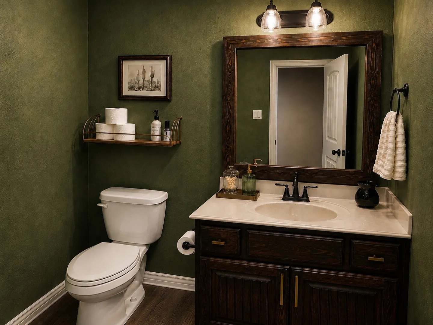 Bathroom featuring a toilet, wall-mounted shelving, wood-finish flooring, vanity with a rectangular sink, and a wood-framed mirror