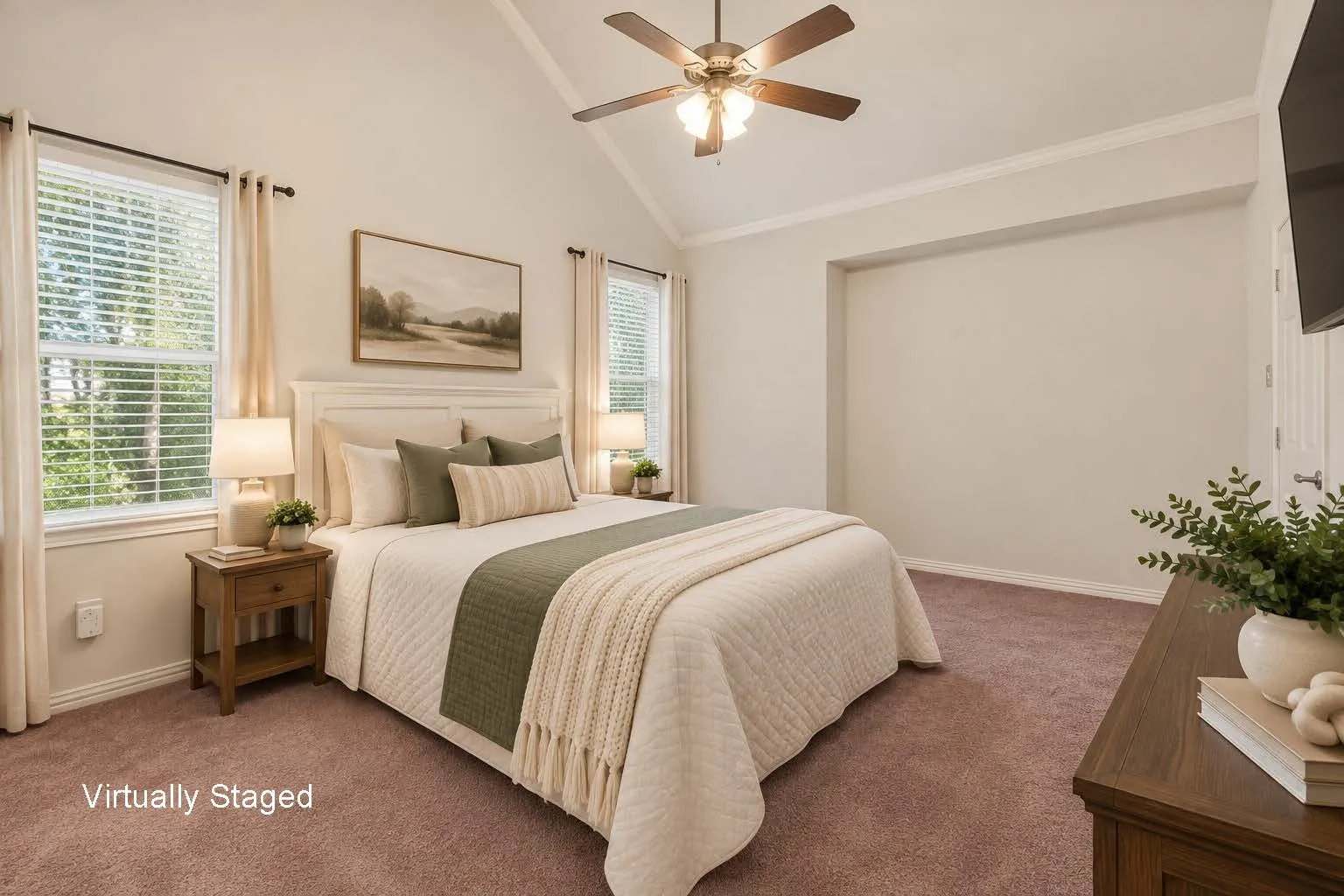 Virtually Staged- The primary bedroom has enough room to create a cozy sitting area for reading books.
