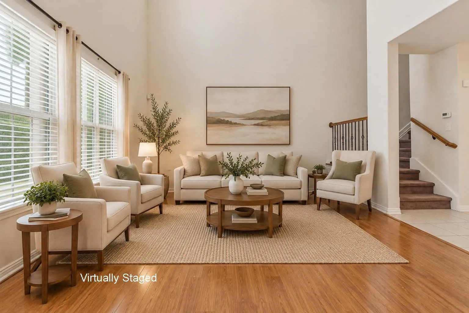 Virtually Staged- The living room is flanked on one side by extra large windows that brings in an abundance of natural light.