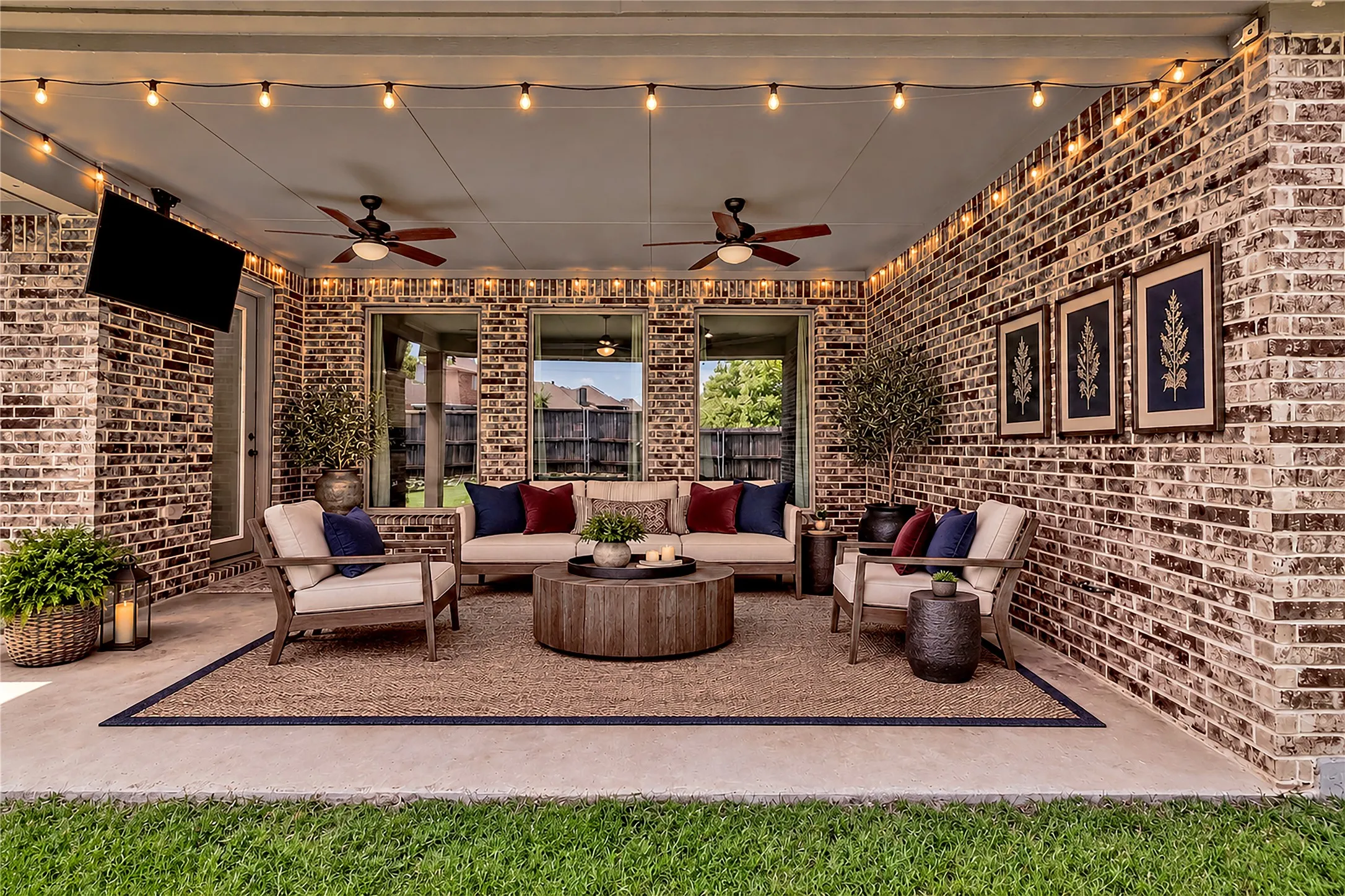 Covered patio featuring brick walls, string lighting, and ceiling fans. Virtual staged.