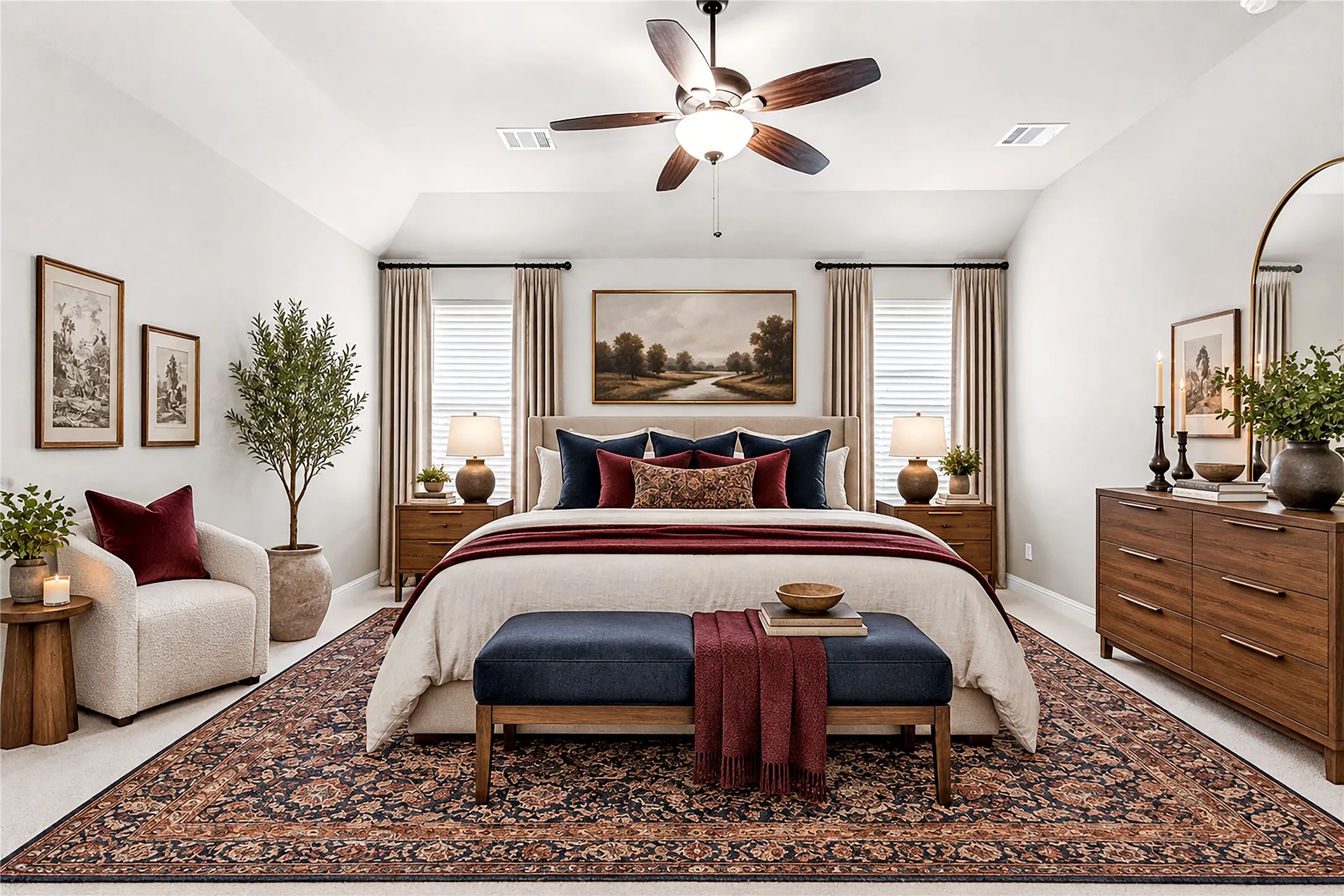 Vaulted ceiling with a ceiling fan, dual windows with blinds and drapes, wood-finish flooring, and a large wall mirror. Virtual staged.