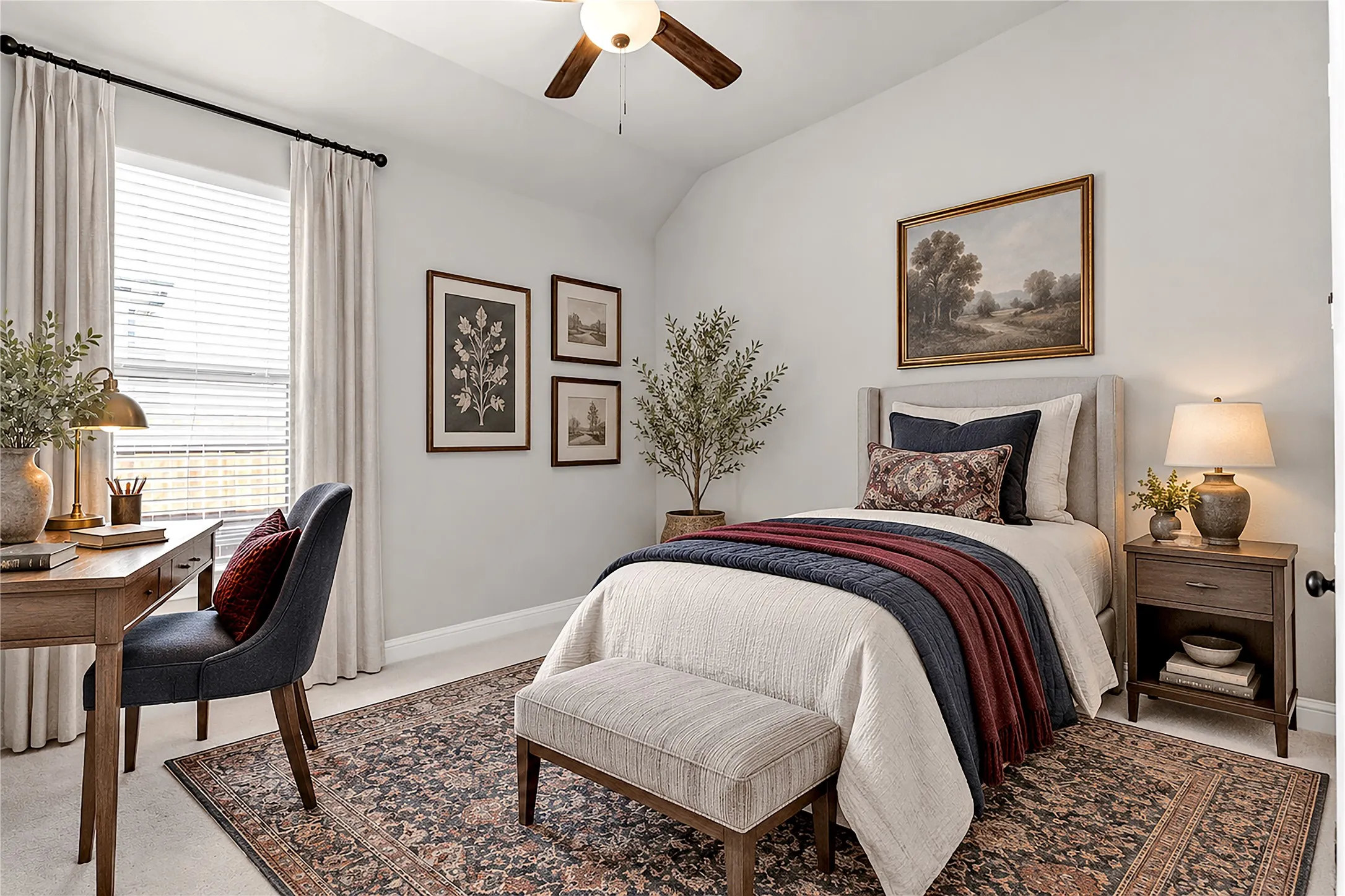 Ceiling fan with wood-finish blades, recessed window, and light-toned wall paint. Virtual staged.