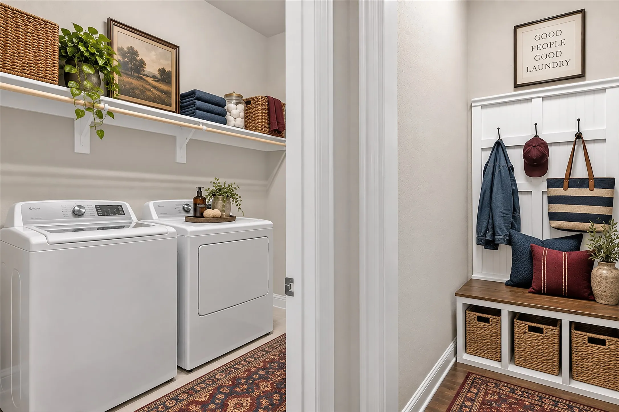 Laundry room with white upper shelving, washer and dryer appliances, and wood-finish flooring. Virtual staged.