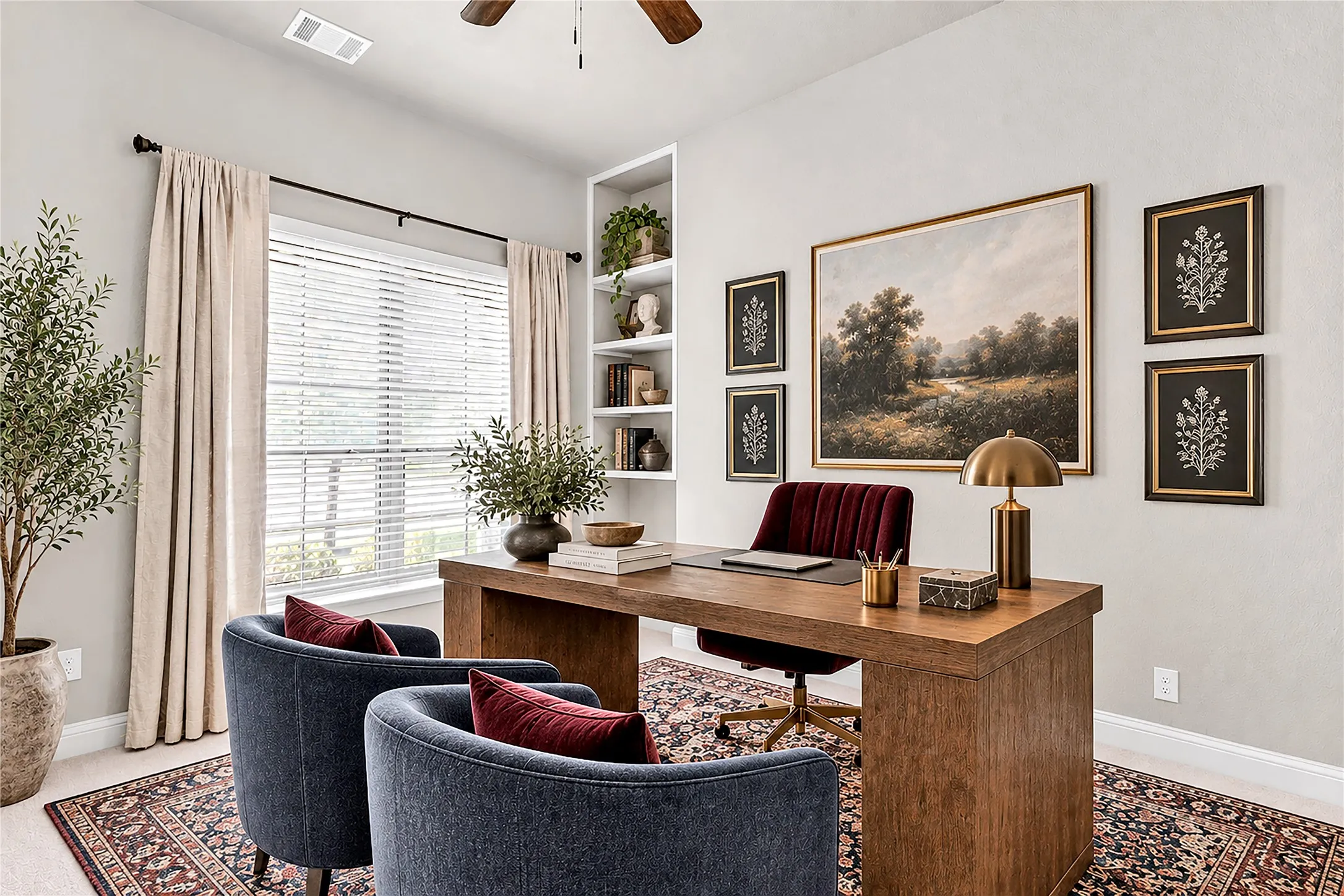Built-in shelving, a large window with blinds, and a ceiling fan are featured in this room. Virtual staged.