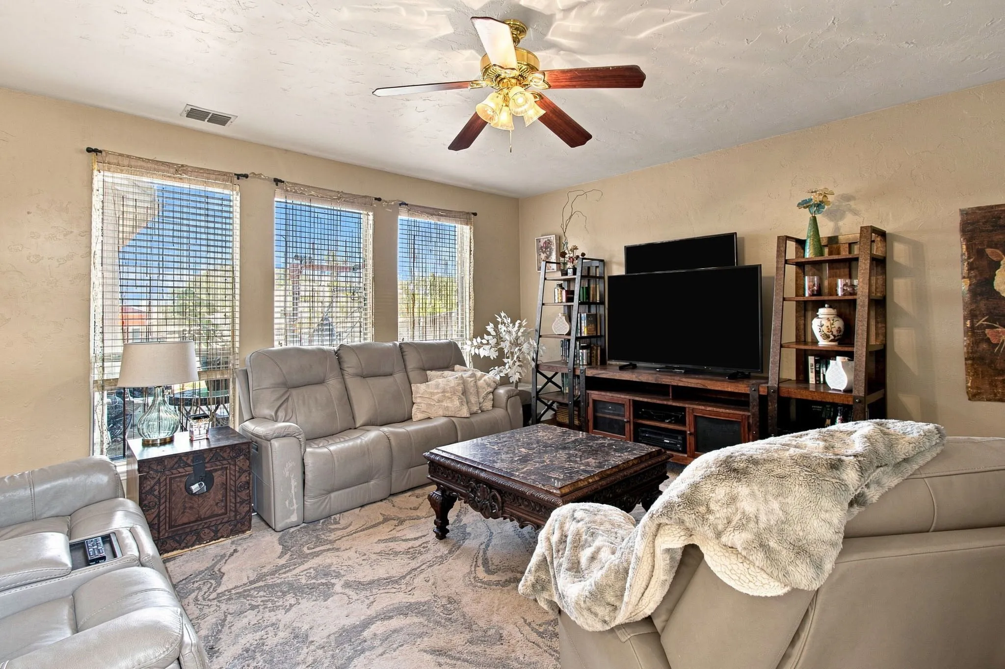 Multiple windows with horizontal blinds
