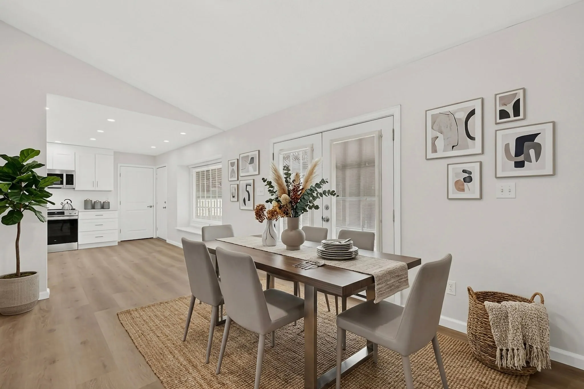 Wood-finish flooring, white cabinetry, stainless steel range, and double French doors with transom windows