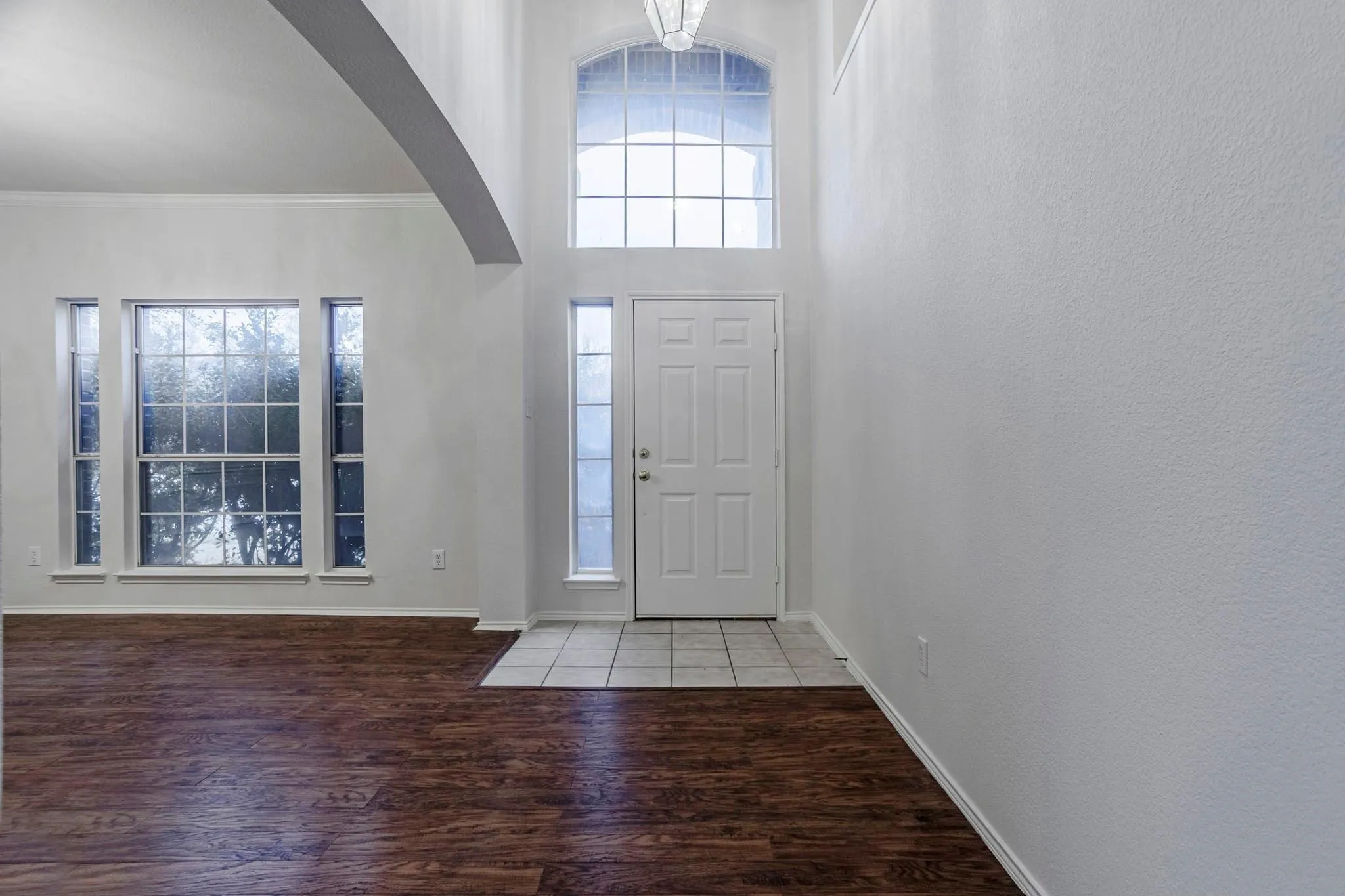 Two-story entry with an arched transom window, a paneled entry door, and a single sidelight