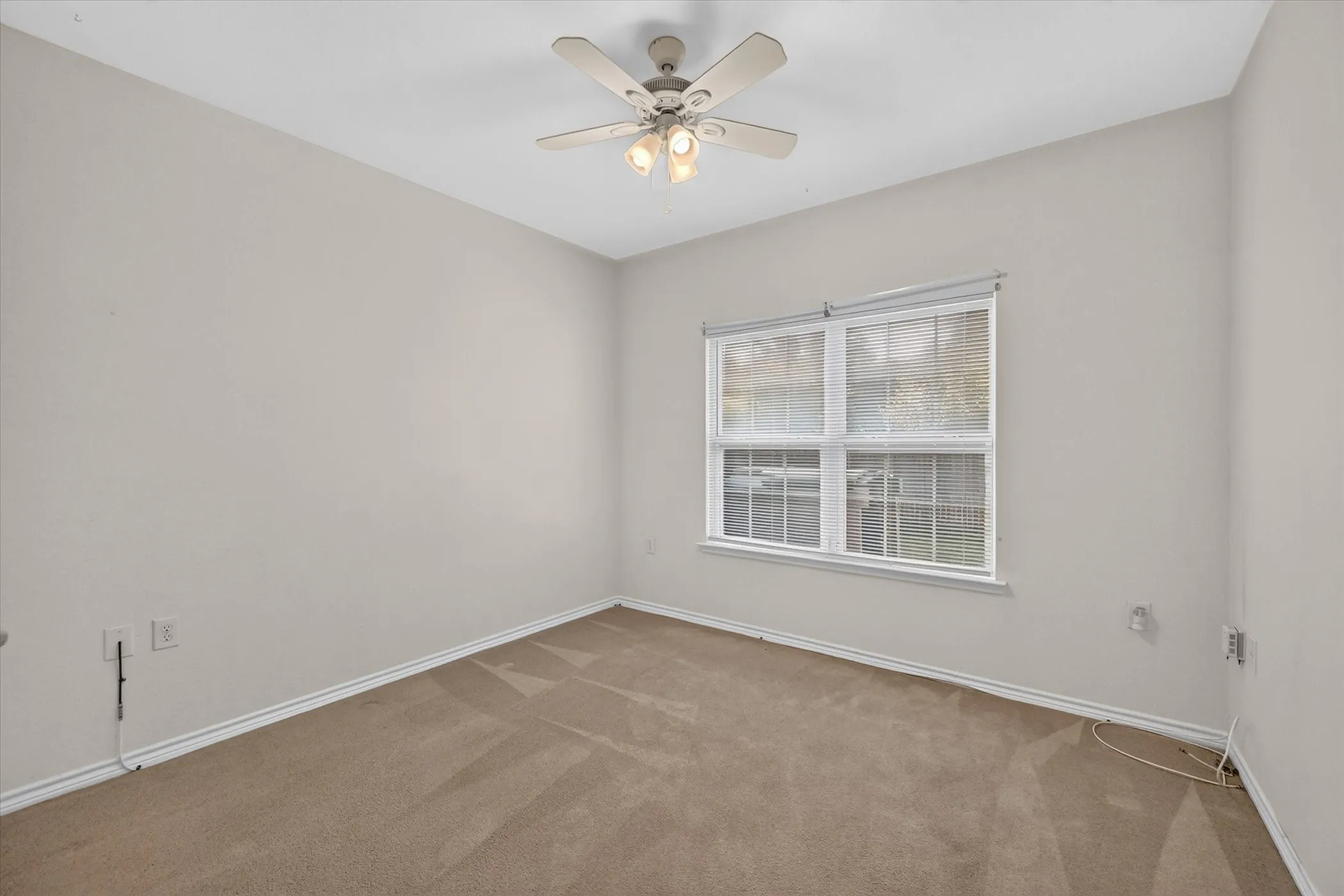 Neutral wall color, carpet flooring, ceiling fan with integrated lighting, and a double-pane window