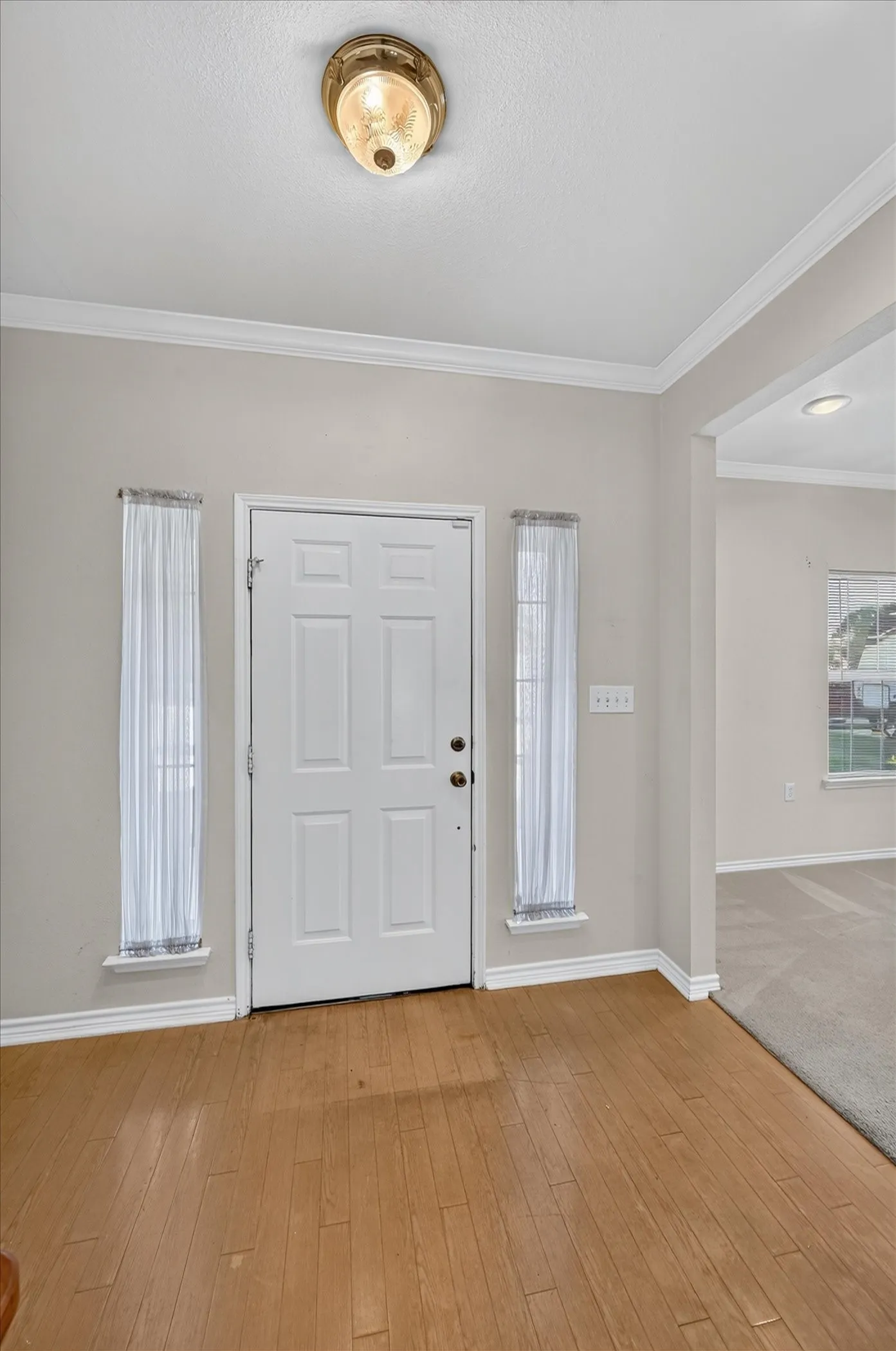 Wood-finish flooring in the entryway with a four-panel front door