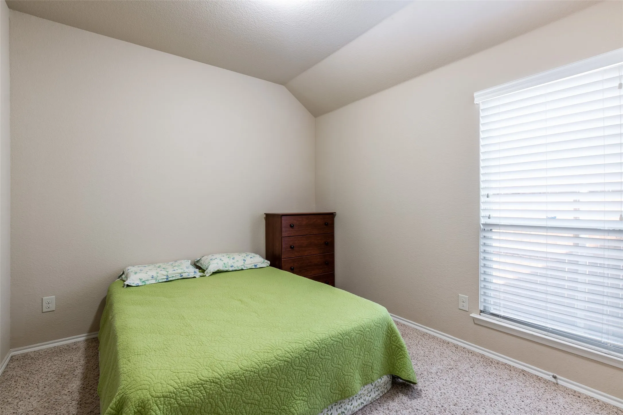 Bedroom with carpet floors and lofted ceiling