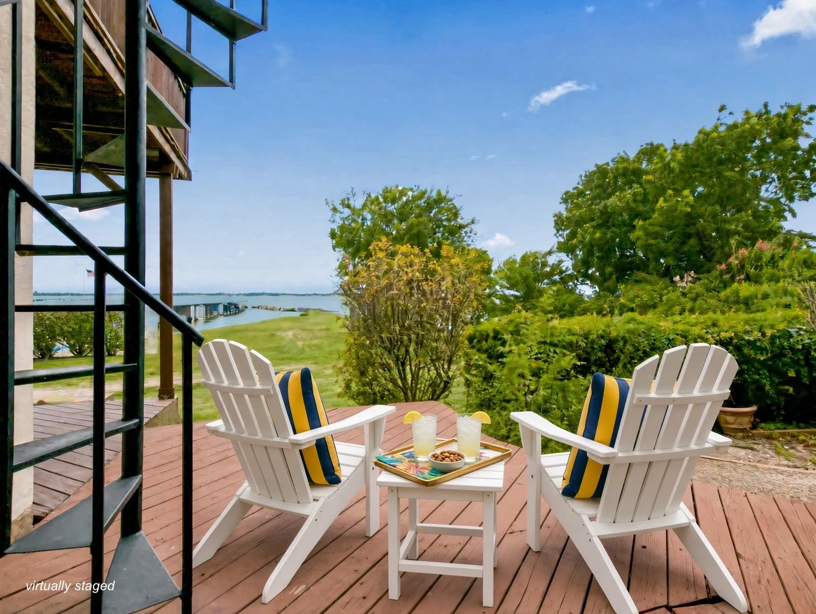 First floor deck, spiral stairs to 2nd floor deck