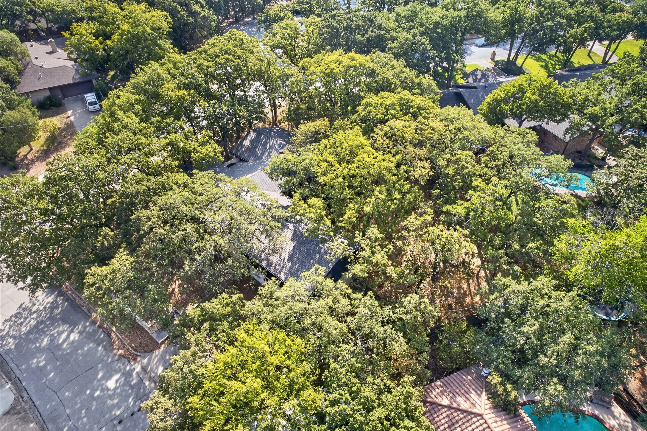 Additional contentAerial view showing the home tucked beneath Tanglewood’s mature tree canopy.
