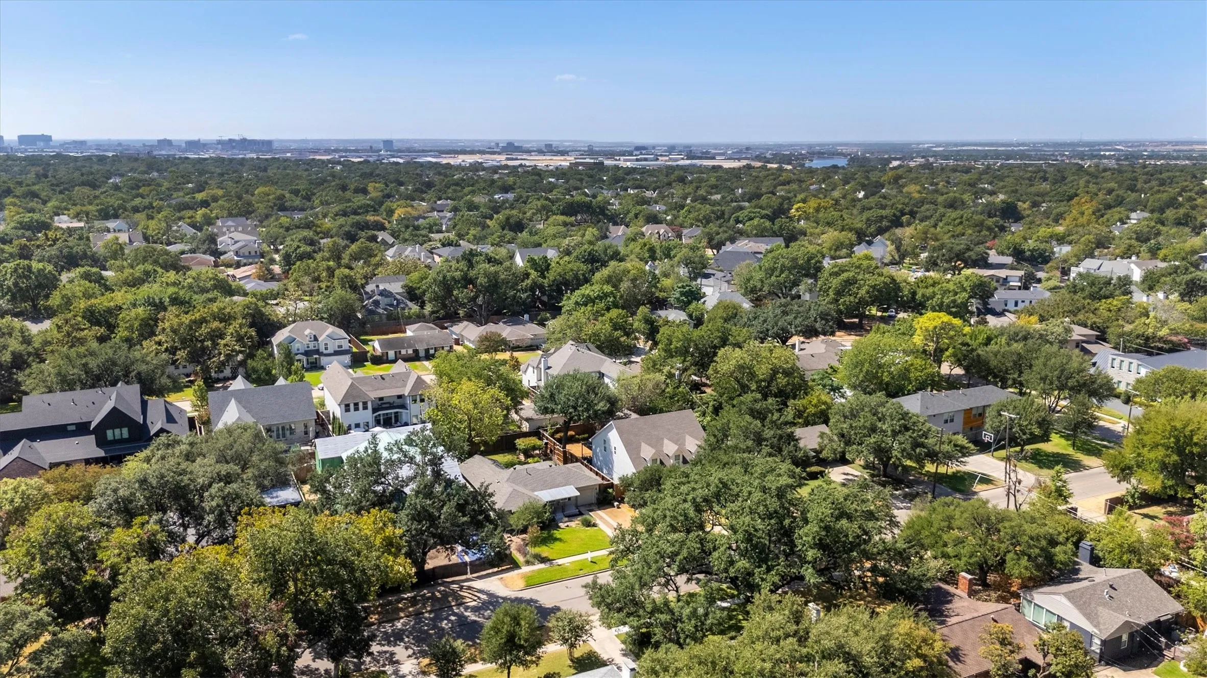 Expansive tree-lined neighborhood with varying architectural styles and distant city skyline