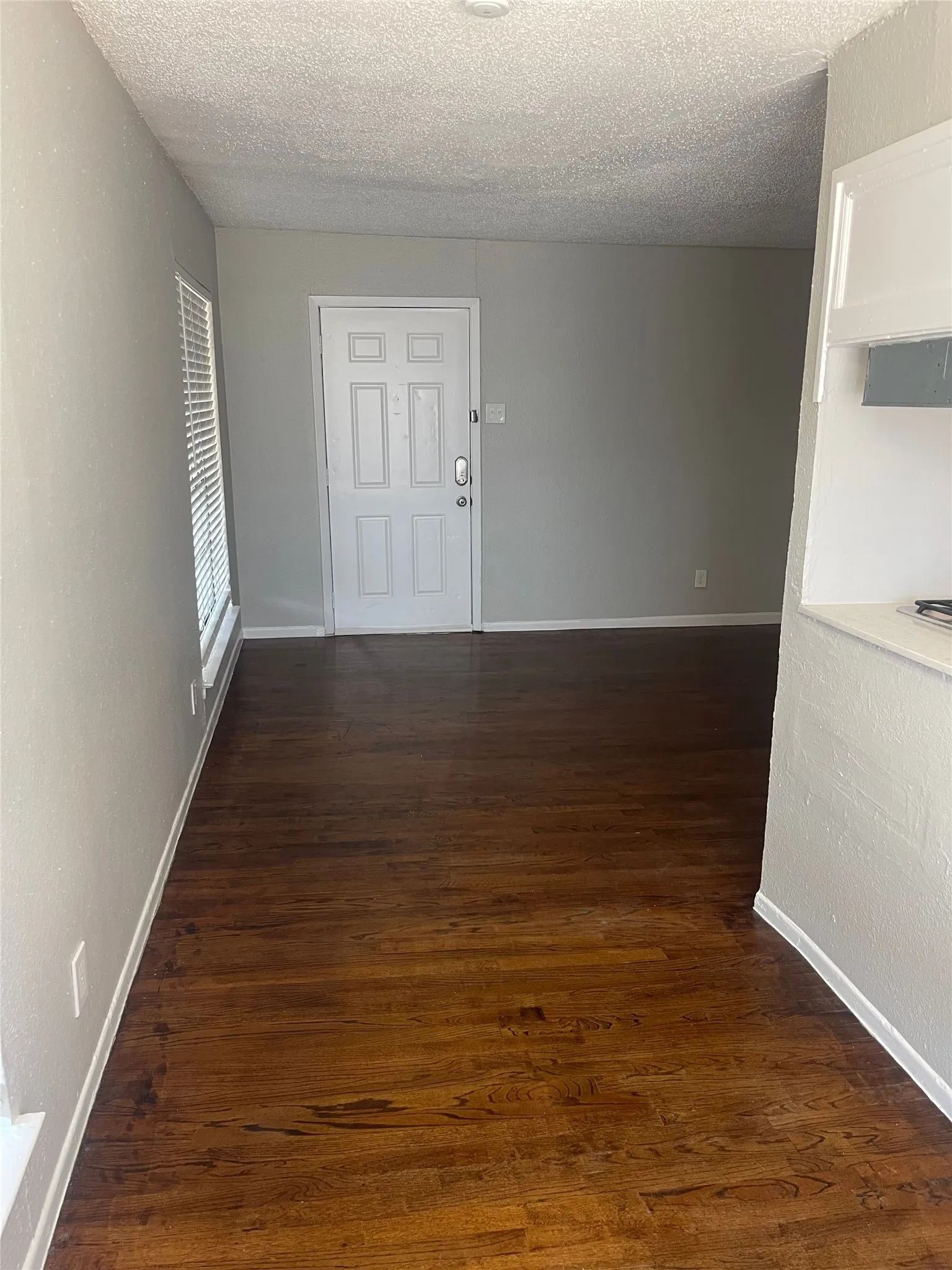 Wood-finish flooring, neutral wall paint, white trim, window with blinds, and a paneled entry door