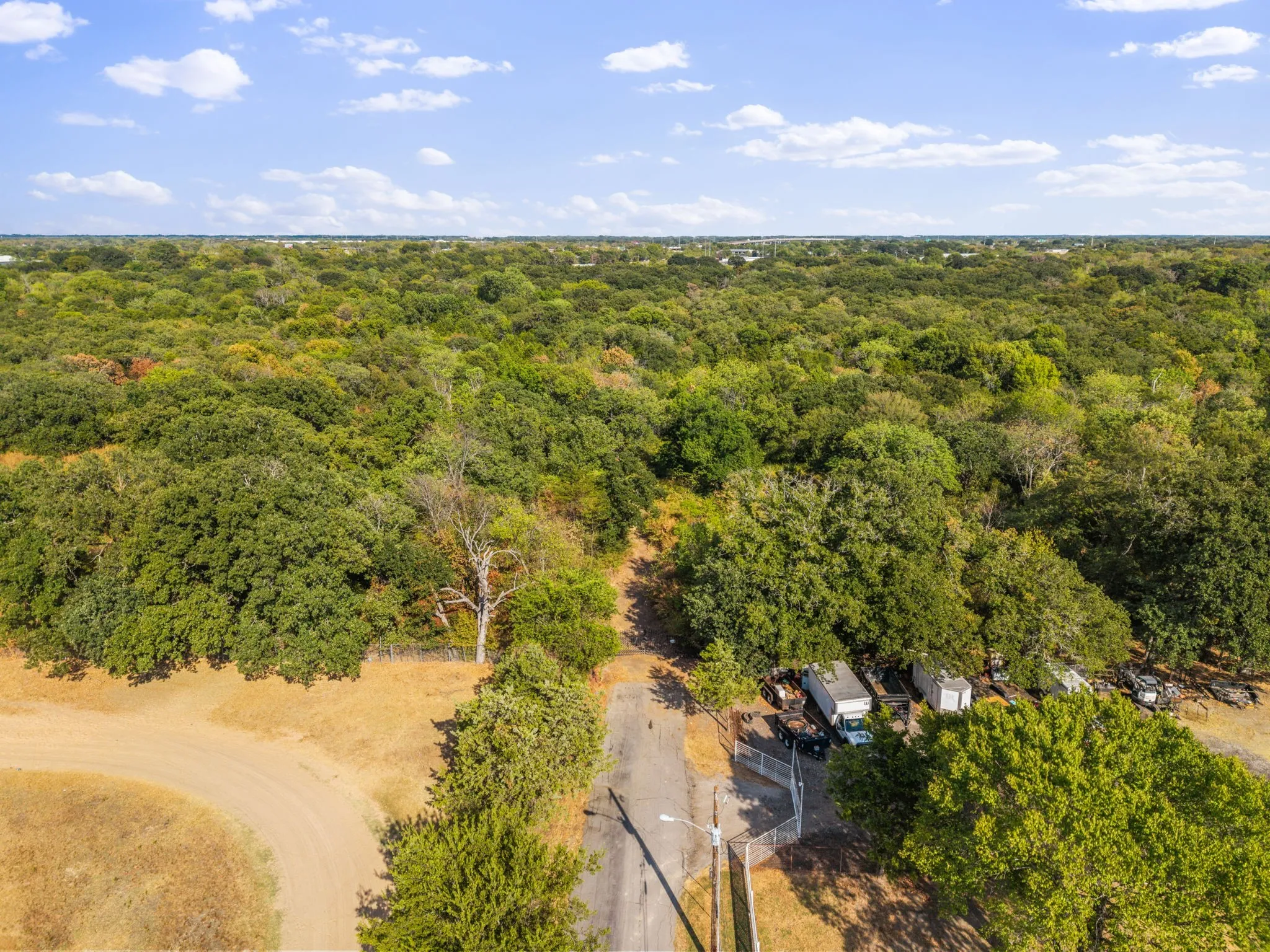 Expansive treed landscape with a paved road and natural terrain
