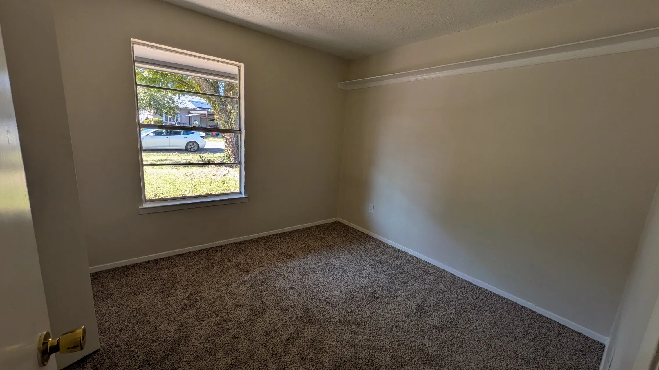 Carpet flooring, painted walls, window with blinds, and a built-in shelf