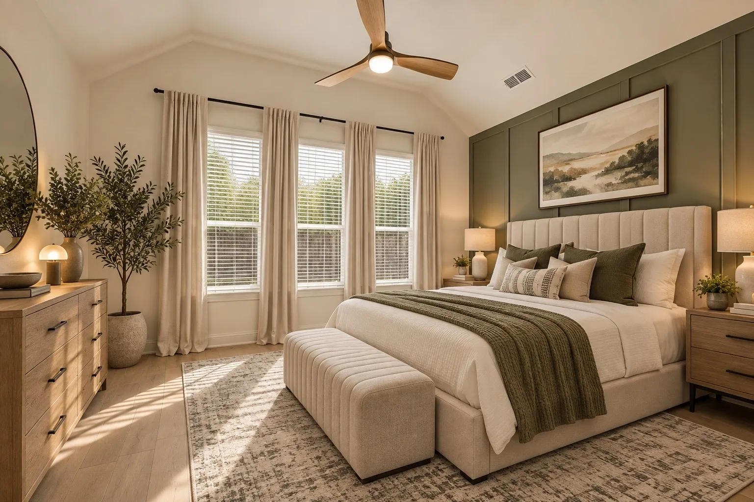 Vaulted ceiling with a ceiling fan, three windows with blinds, wood-finish flooring, and a paneled accent wall