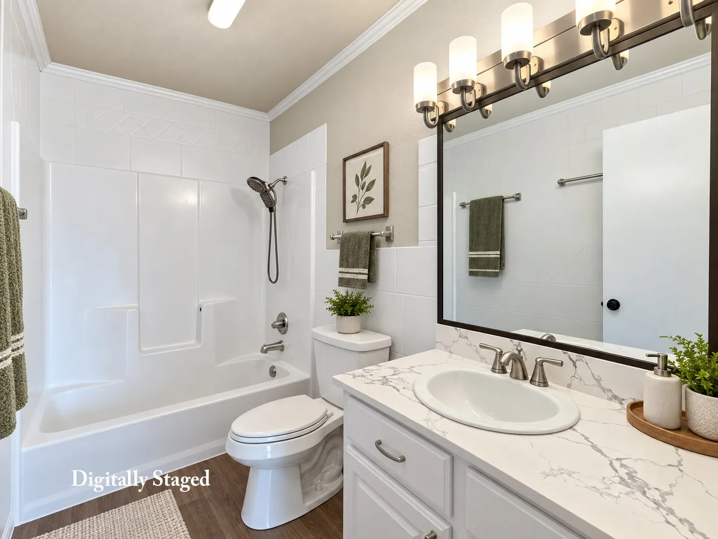 White shower and tub combination, single vanity with light-toned countertop, framed mirror, and wood-finish flooring