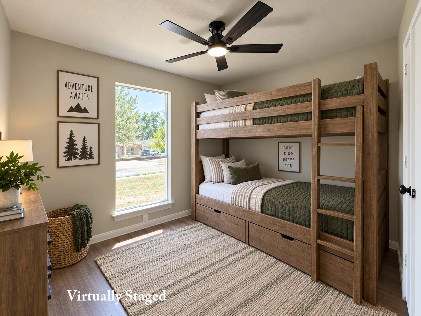 Neutral wall tones with wood-finish flooring