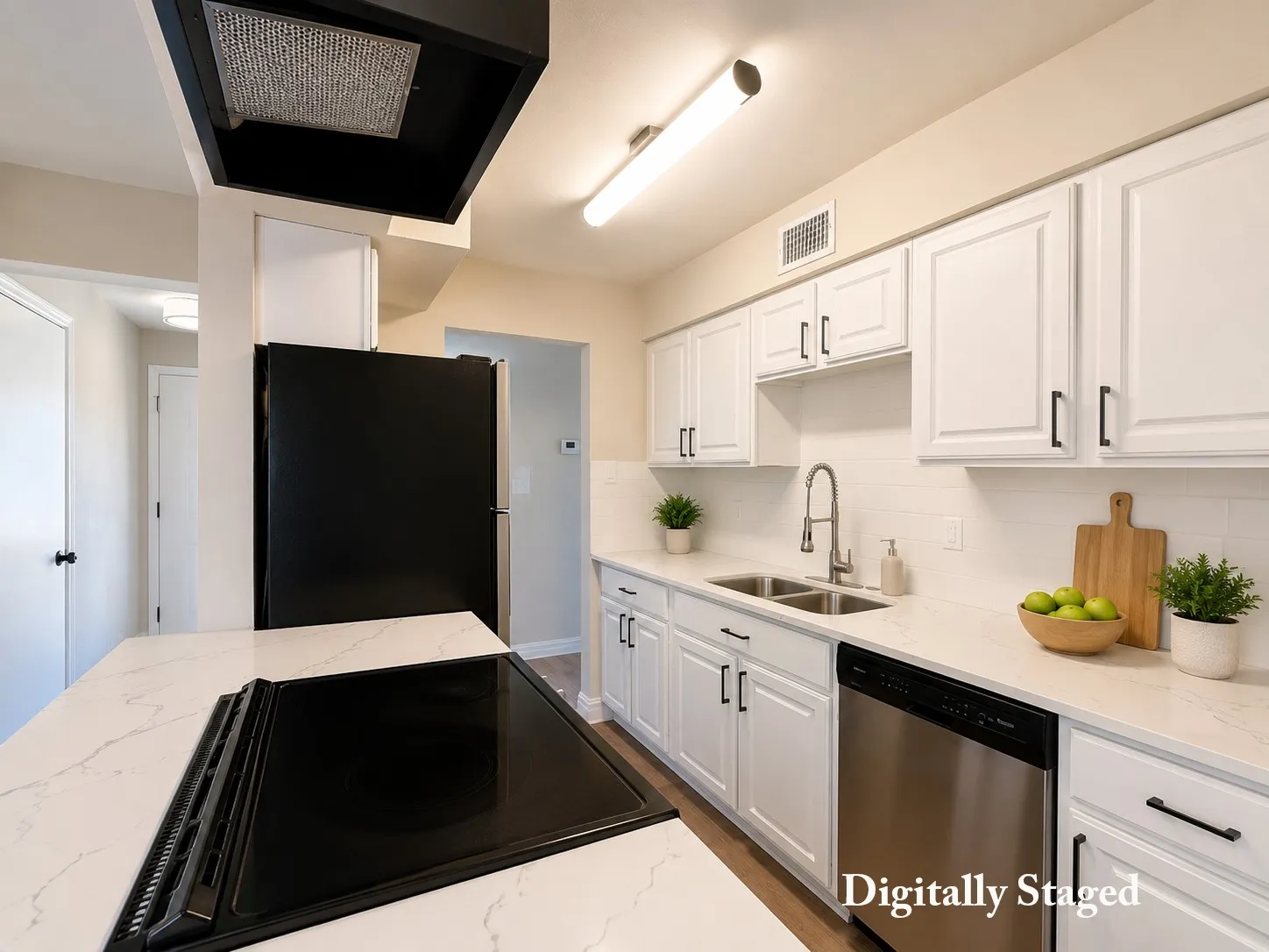 White cabinetry with matte black hardware, stainless steel dishwasher, dual basin sink with gooseneck faucet, white subway tile backsplash, and white stone countertops
