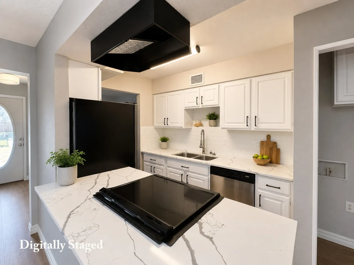 White shaker cabinetry, stone-finish countertops, stainless steel appliances, black overhead range hood, and a subway tile backsplash