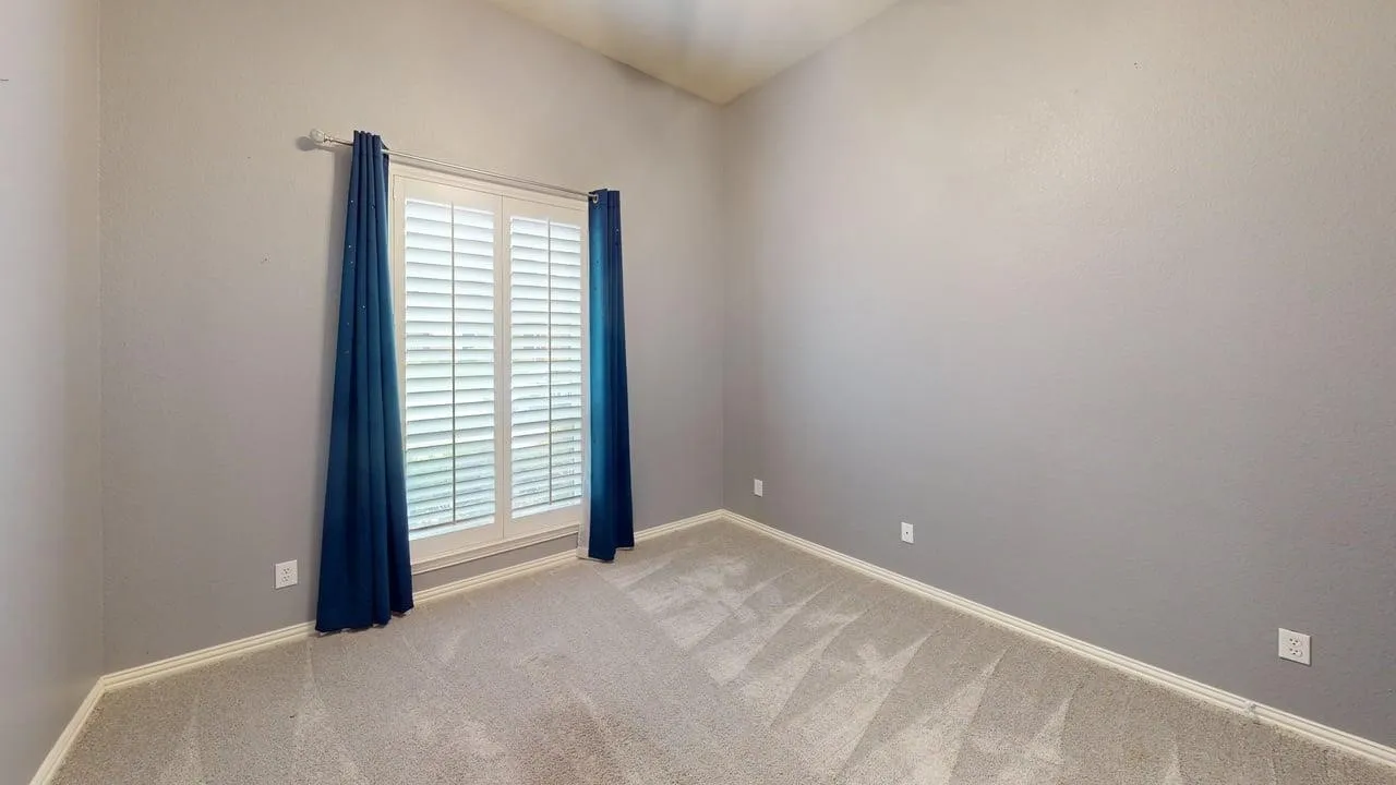 Plush carpeting, window with plantation shutters, vaulted ceiling