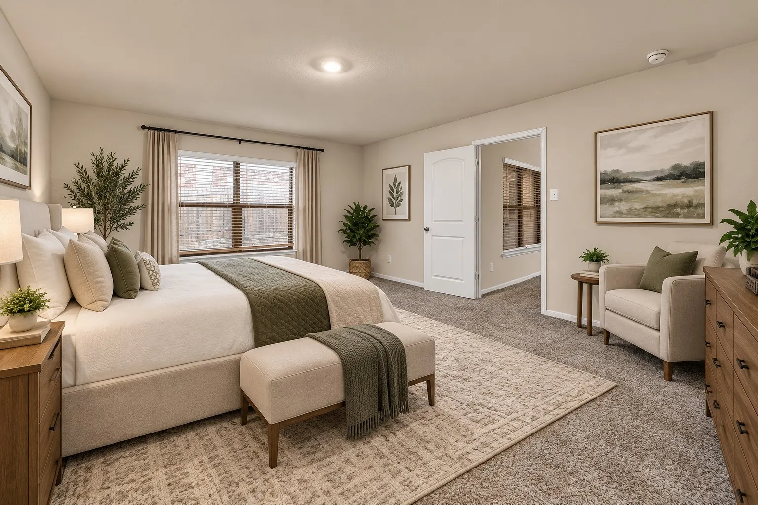 Carpeted flooring, window with blinds, interior door, recessed lighting, and neutral wall tones